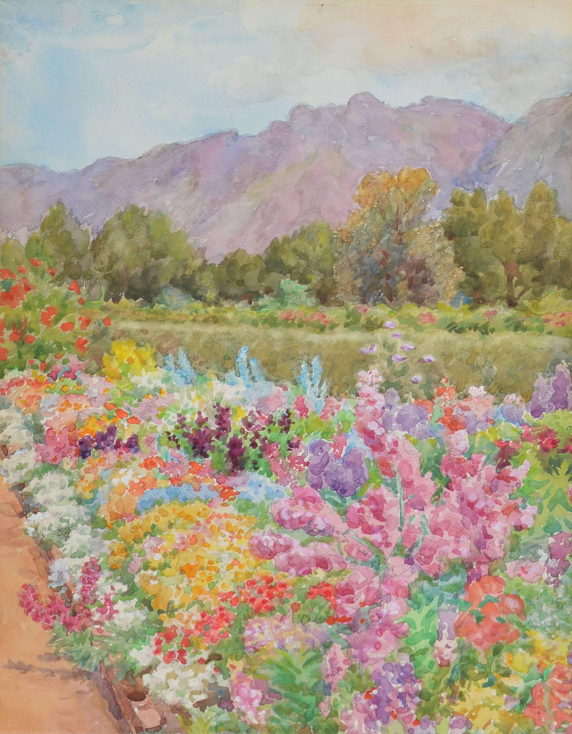 Impressionist mountain view with wild flowers by Elizabeth Drake (1866-1954).  Watercolor on paper, circa 1930.  Signed lower left, 