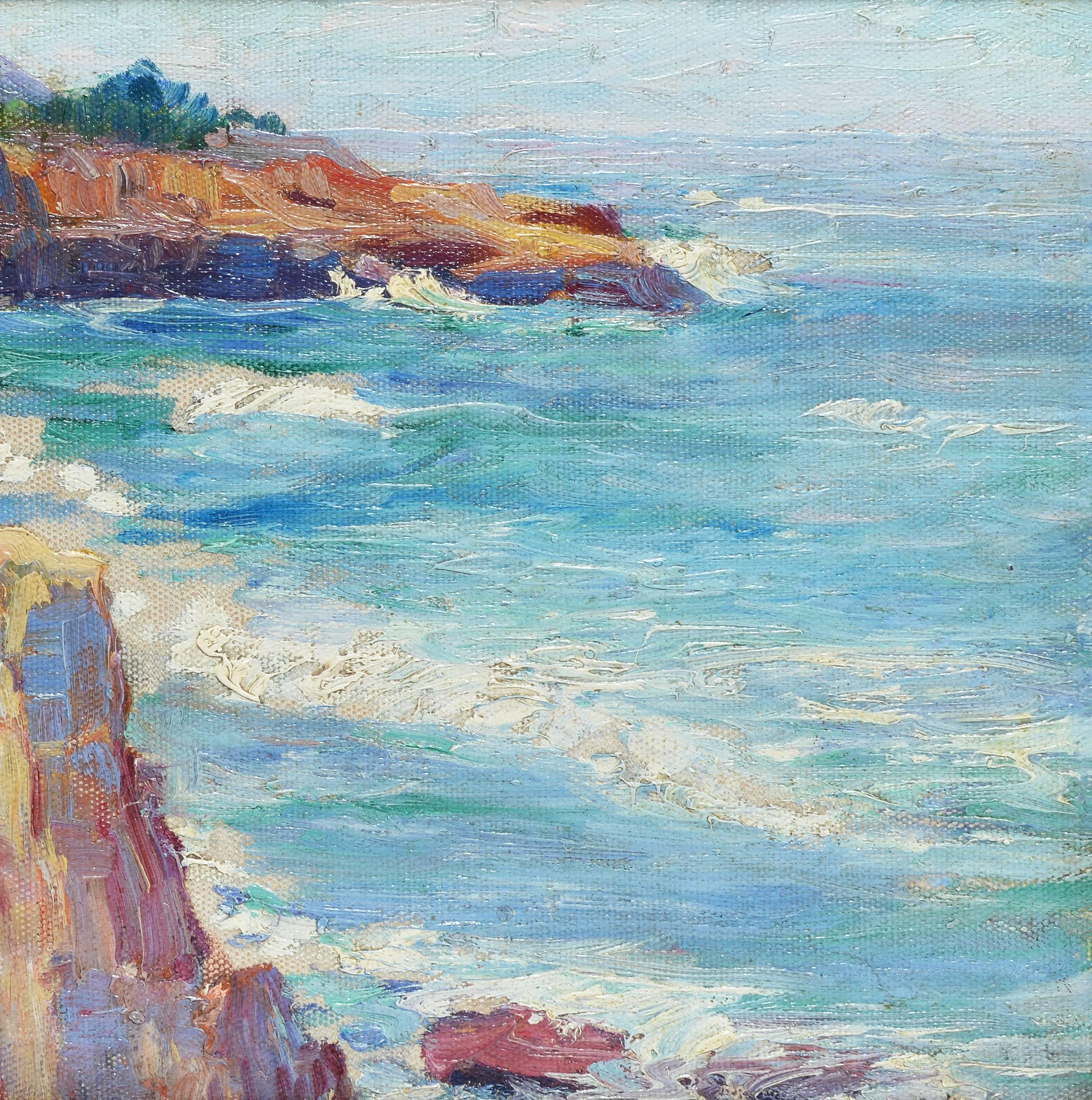 Crashing Waves at Point Loma Cliffs San Diego California - Gray Landscape Painting by Unknown