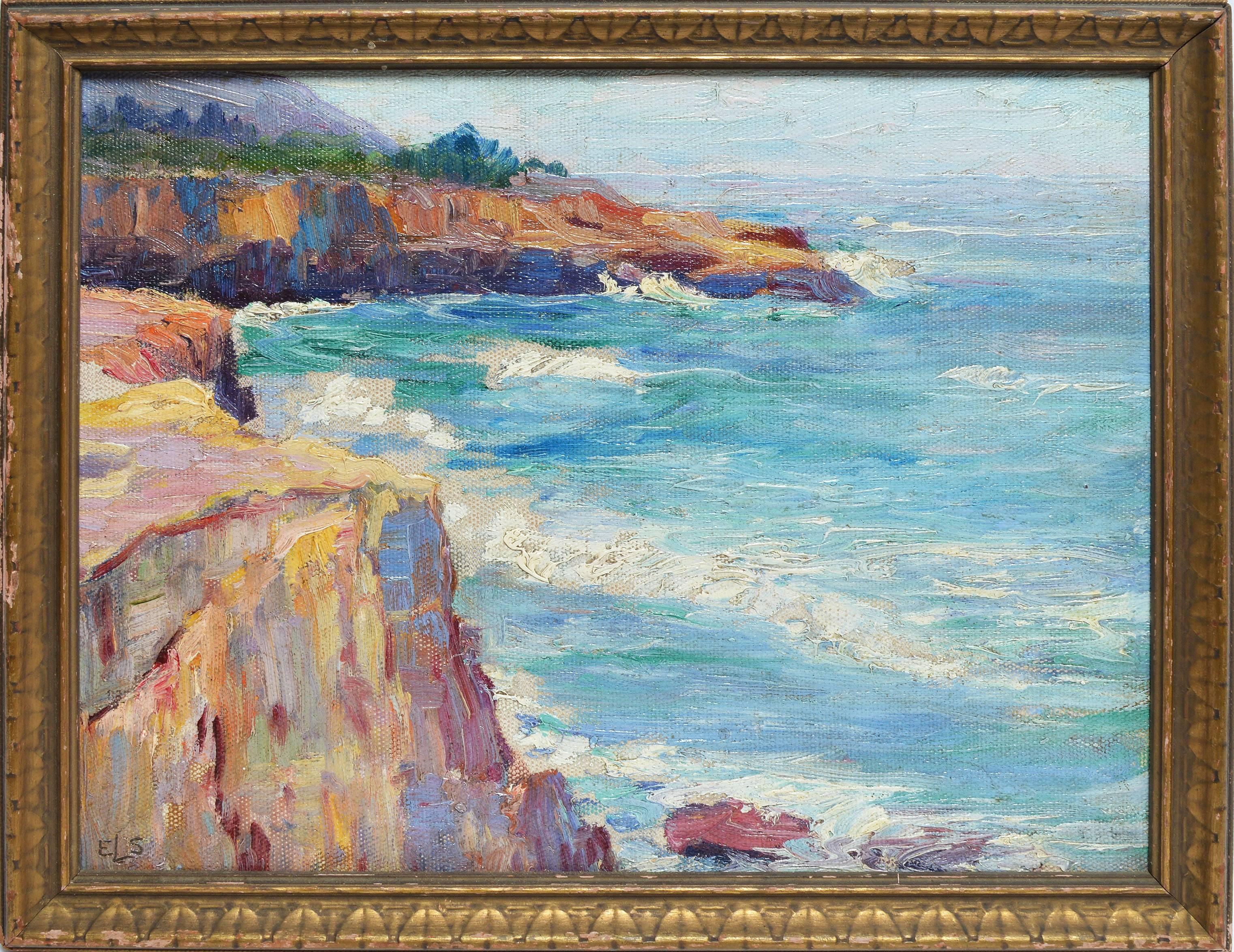 Unknown Landscape Painting - Crashing Waves at Point Loma Cliffs San Diego California