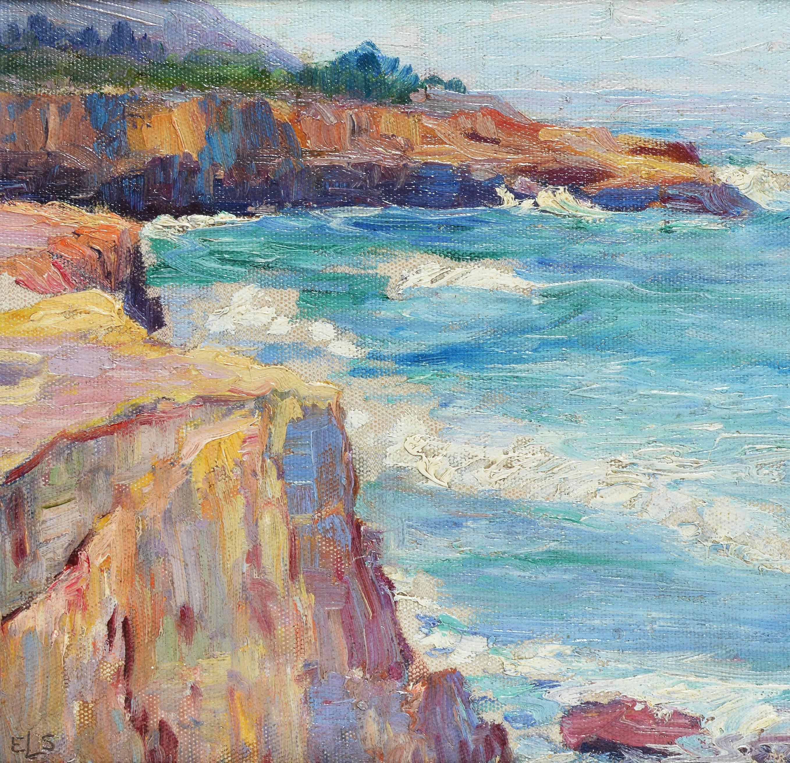 Impressionist coastal seascape of the Point Loma Cliffs.  Oil on board, circa 1930.  Signed lower left, "ELS".  Displayed in a giltwood frame.  Image size 14"L  x 11"H, overall 15.5"L x 12.5"H.