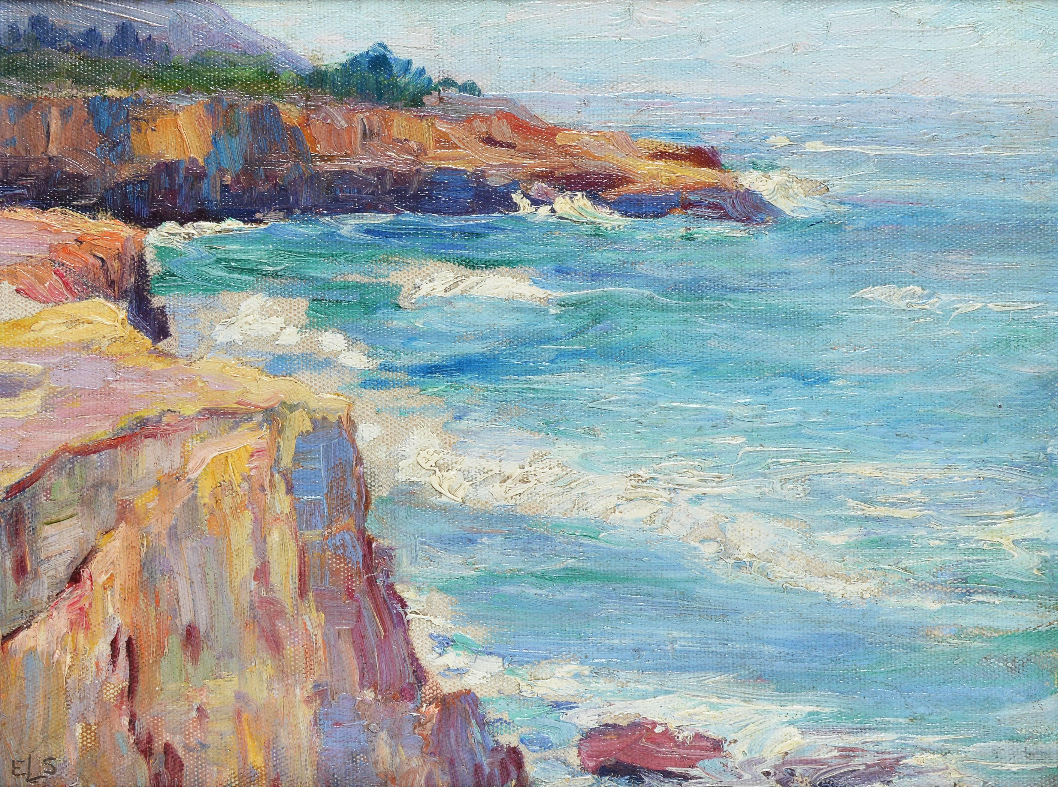 Crashing Waves at Point Loma Cliffs San Diego California - Impressionist Painting by Unknown