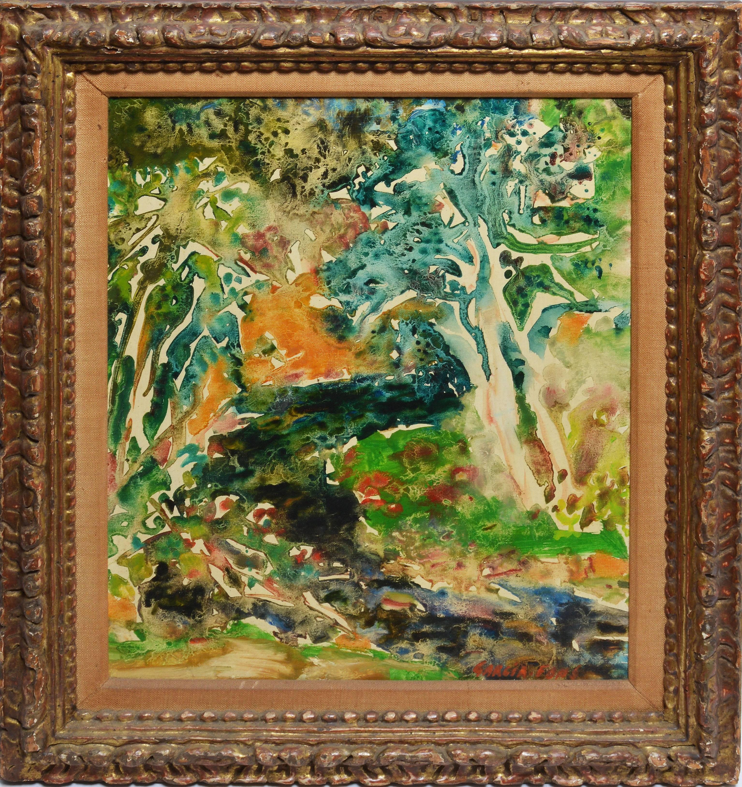Modernist Landscape by Pierre Garcia Fons (b.1928). Oil on canvas, circa 1965. Signed lower right, "Garcia Fons". Displayed in a period modernist frame. Image size, 13"L x 16"H, overall 18"L x 21"H.
