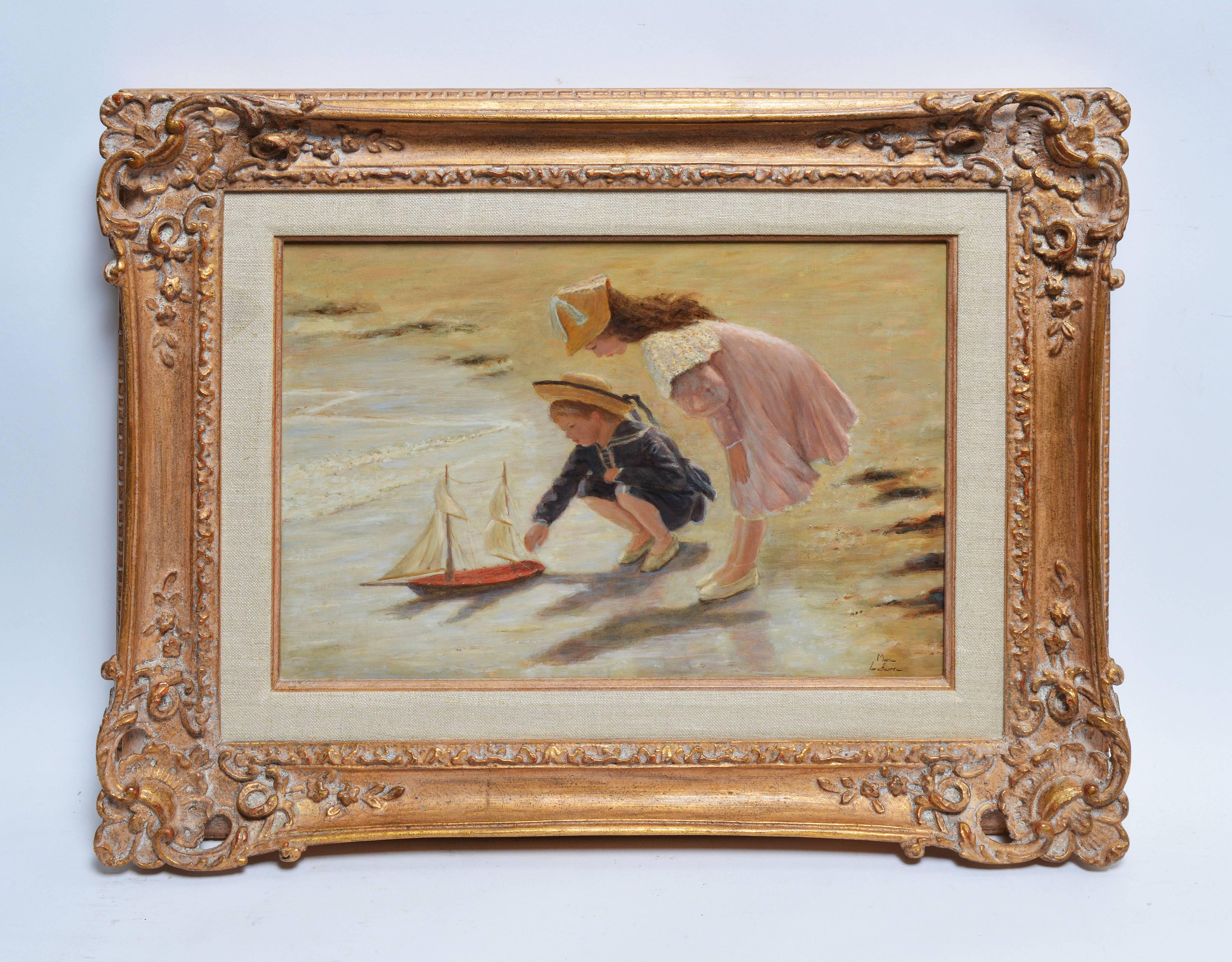 Impressionist painting of children playing with a sailboat by Marie Lefevre.  Oil on canvas, circa 1940.  Signed lower right, "Marie Lefevre".  Displayed in an impressionist frame with a linen liner.  Image size, 14"L x 10"H,