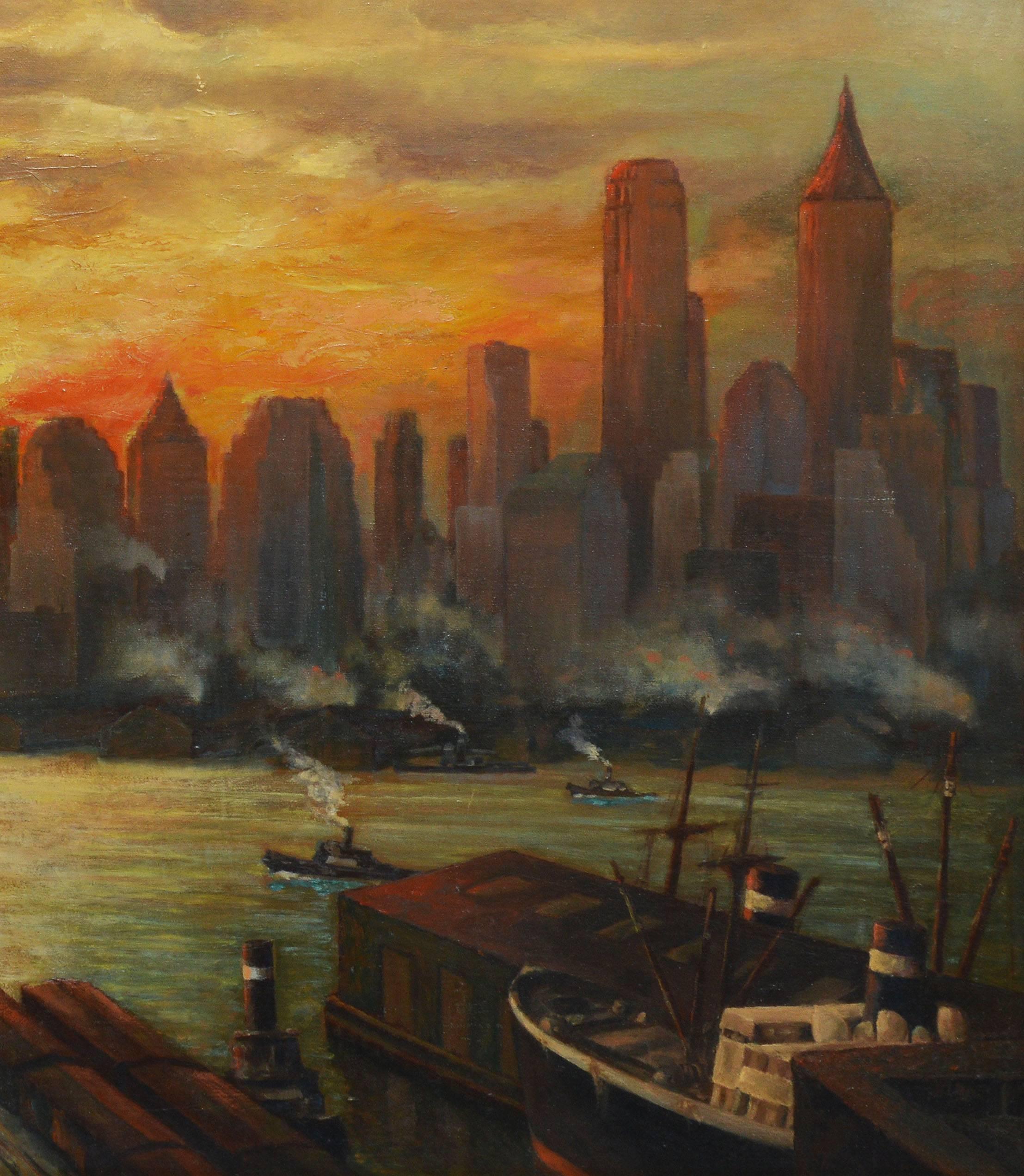 New York City Sunset View 1932  - Brown Landscape Painting by Unknown