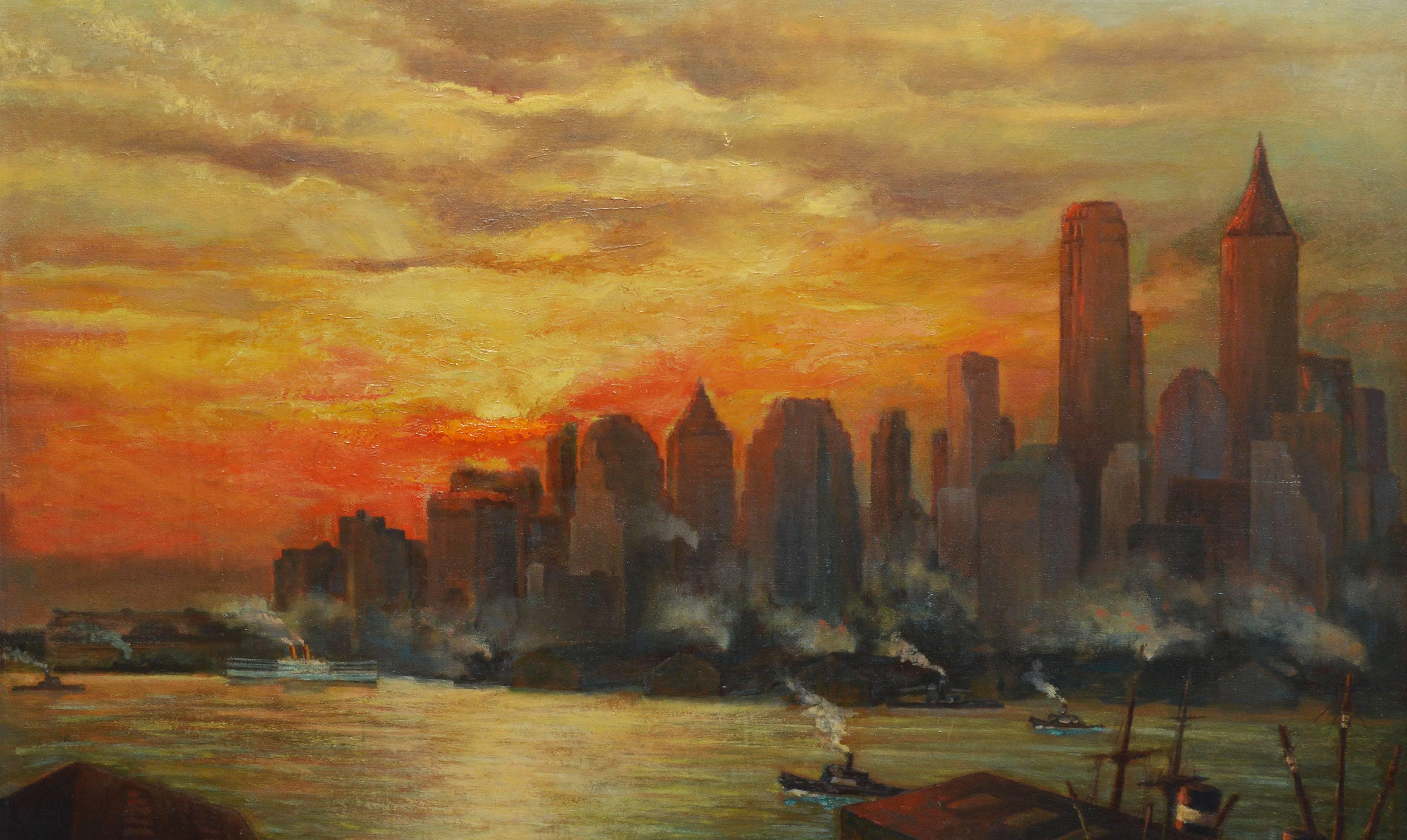 Modernist painting of New York City with a sunset view.  Oil on canvas, 1932.  Signed lower left, 