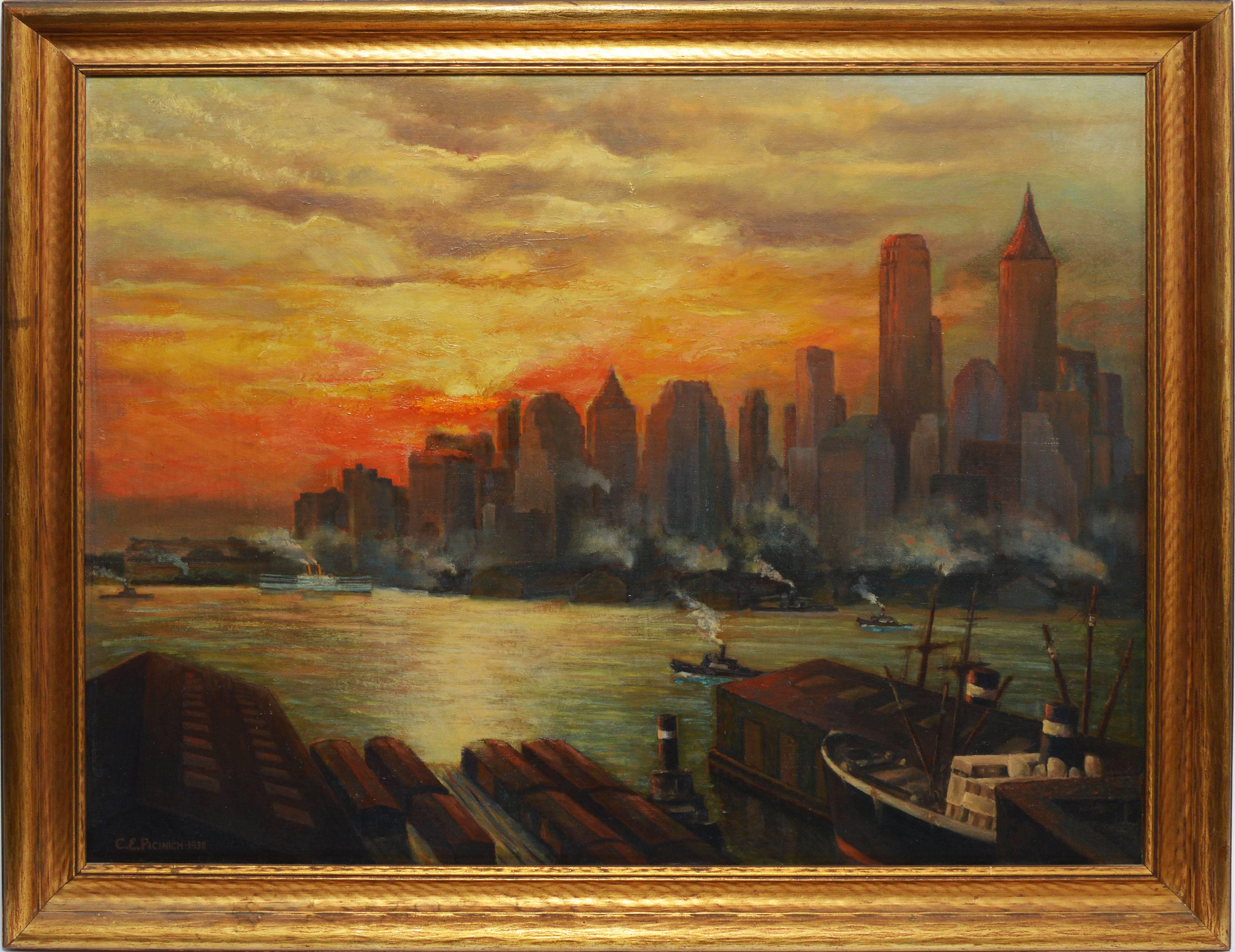 Unknown Landscape Painting - New York City Sunset View 1932 