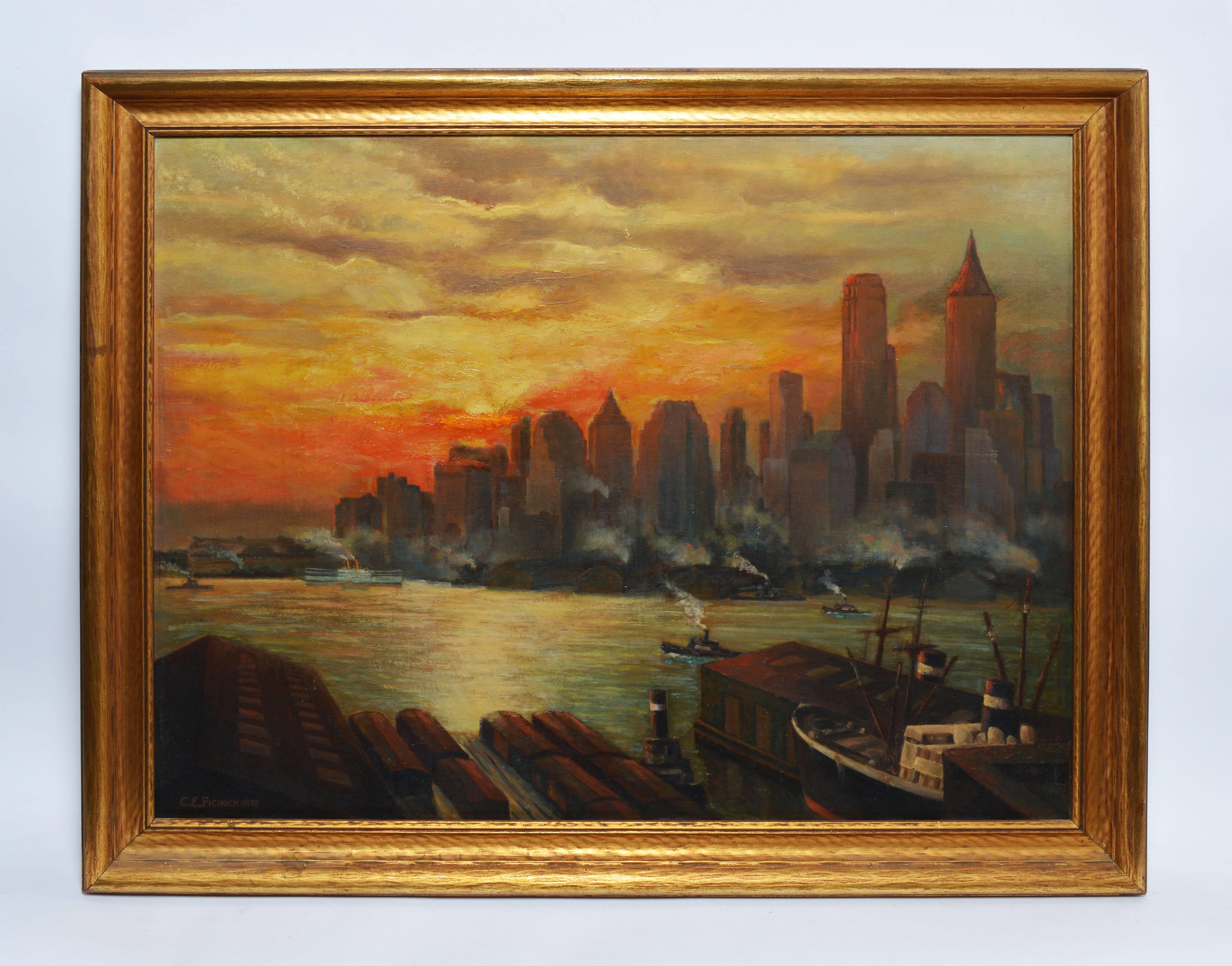 New York City Sunset View 1932  - Painting by Unknown