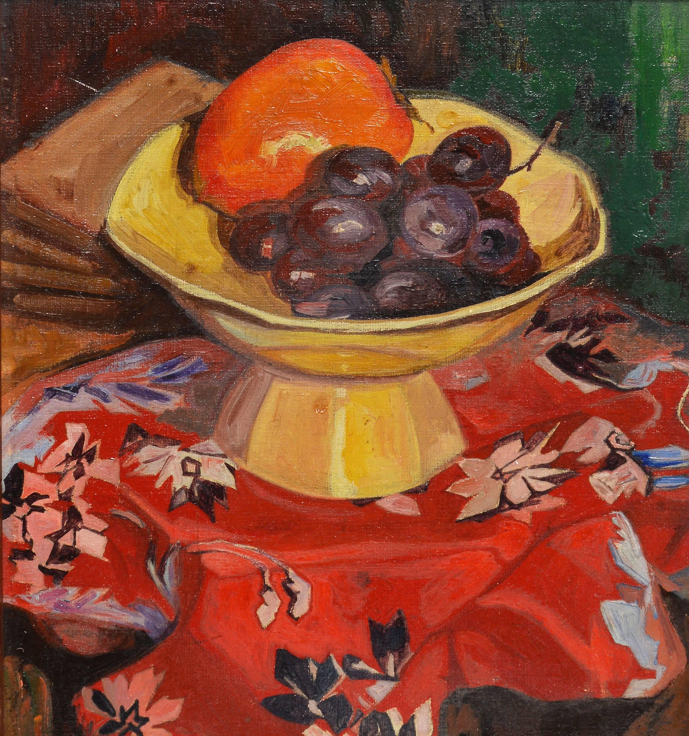 Modernist fruit still life by Saul Raskin (1878-1966).  Oil on board, circa 1930.  Signed lower left, 
