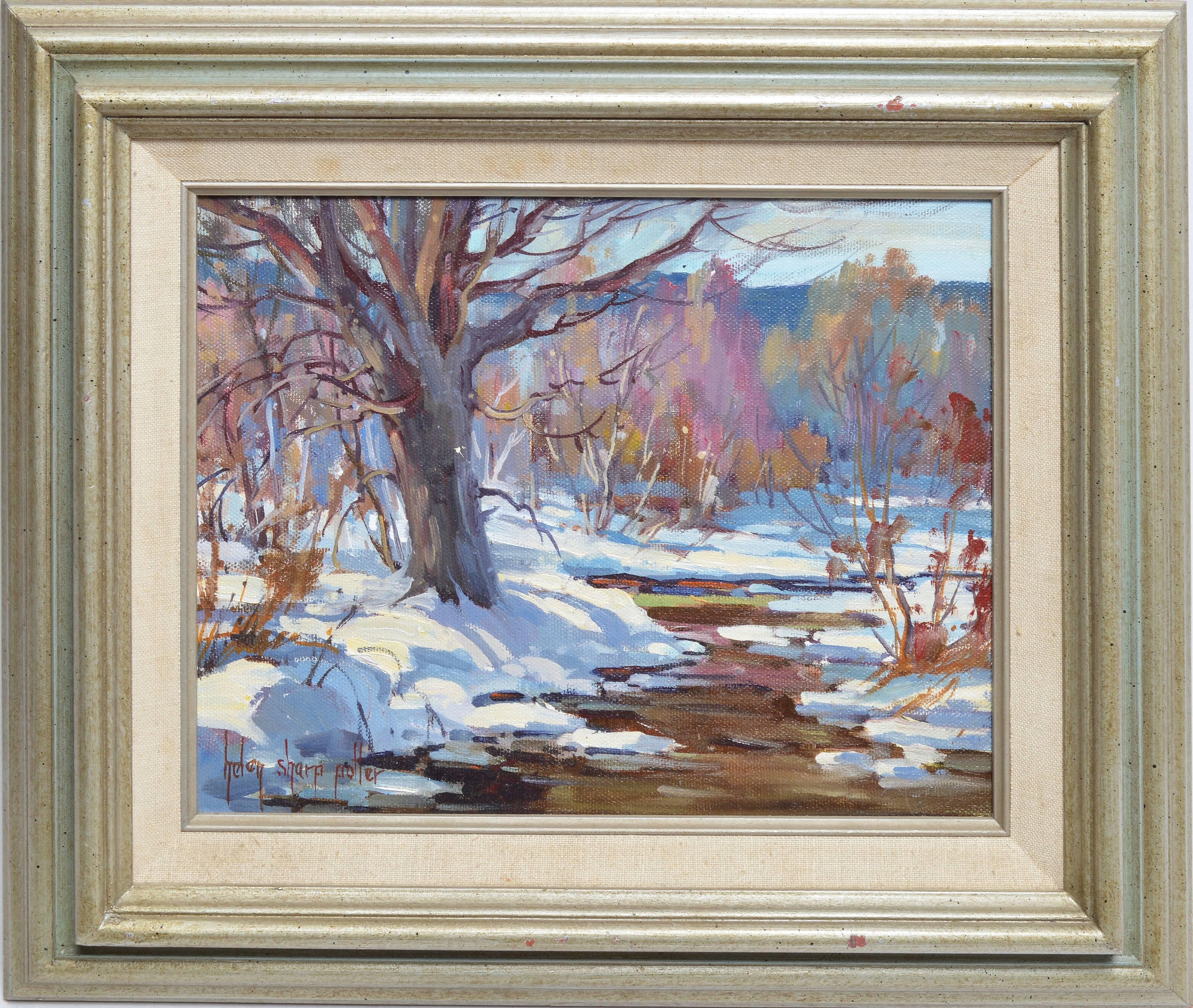 Impressionist landscape of a winter brook by Helen Sharp Potter. Oil on canvas, circa 1980. Signed lower left, &quot;Helen Sharp Potter&quot;. Displayed in a white wood frame. Image size, 10&quot;L x 8&quot;H, overall 14.5&quot;L x 12.5&quot;H.
