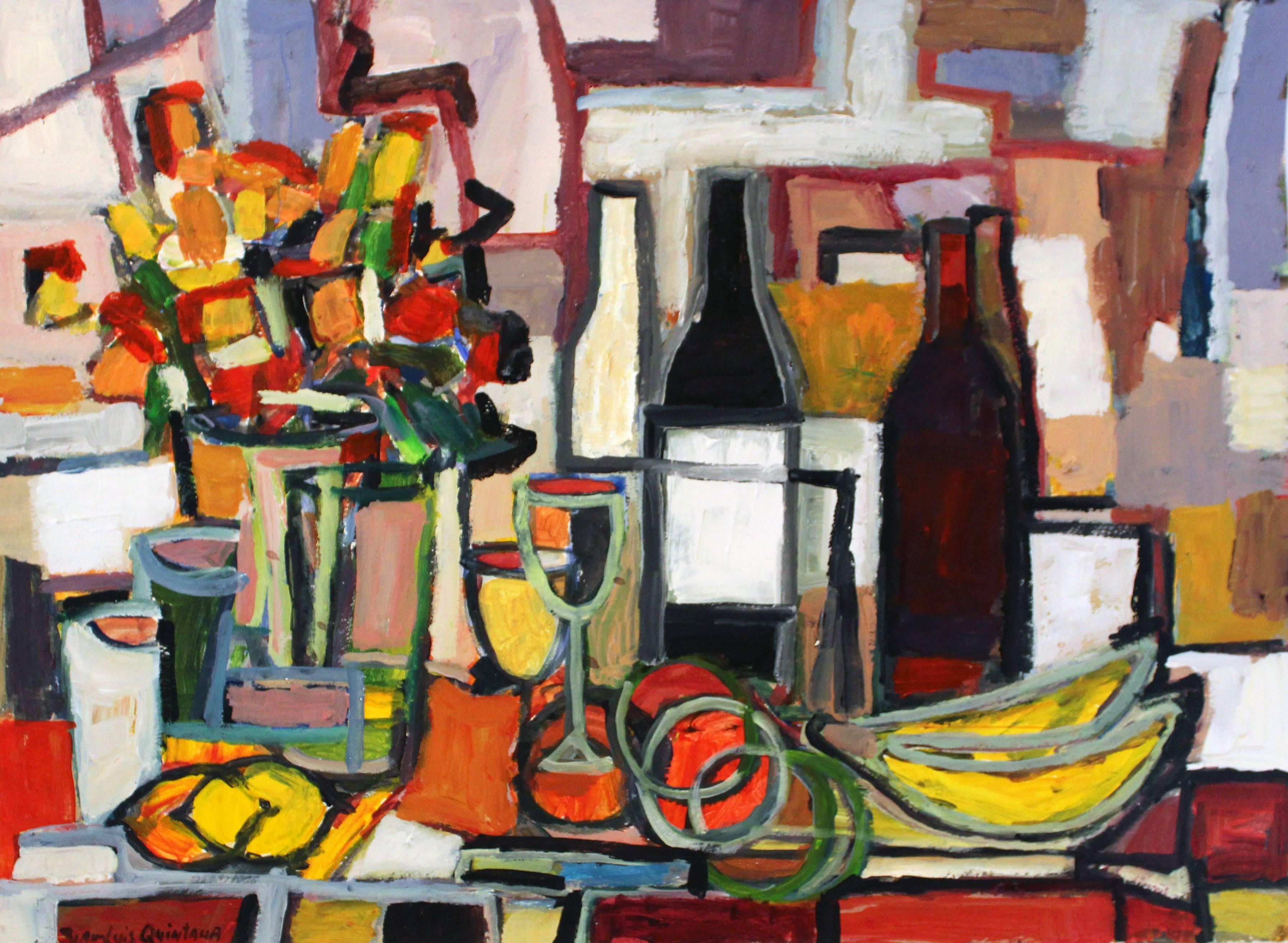 Juan Luis Quintana Still-Life Painting - Still Life with Bananas and Wine 