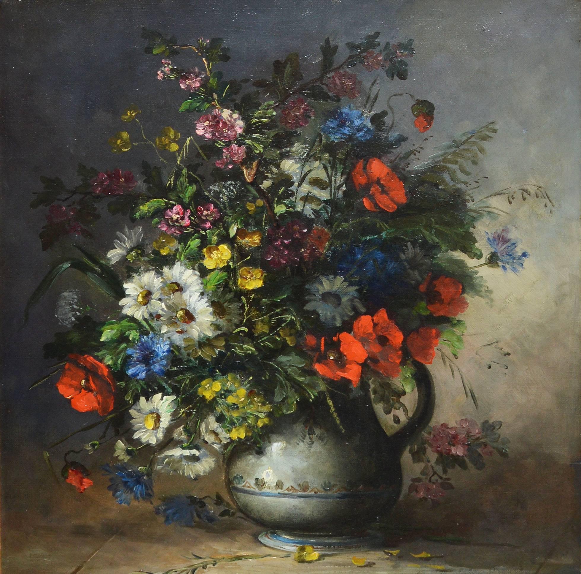 Antique realist still life painting of flowers by Eugene Henri Cauchois (1850-1911).  Oil on canvas, circa 1900.  Signed lower right, "H. Cauchois".  Displayed in a giltwood frame.  Image size, 20"L x 24"H, overall 28"L x