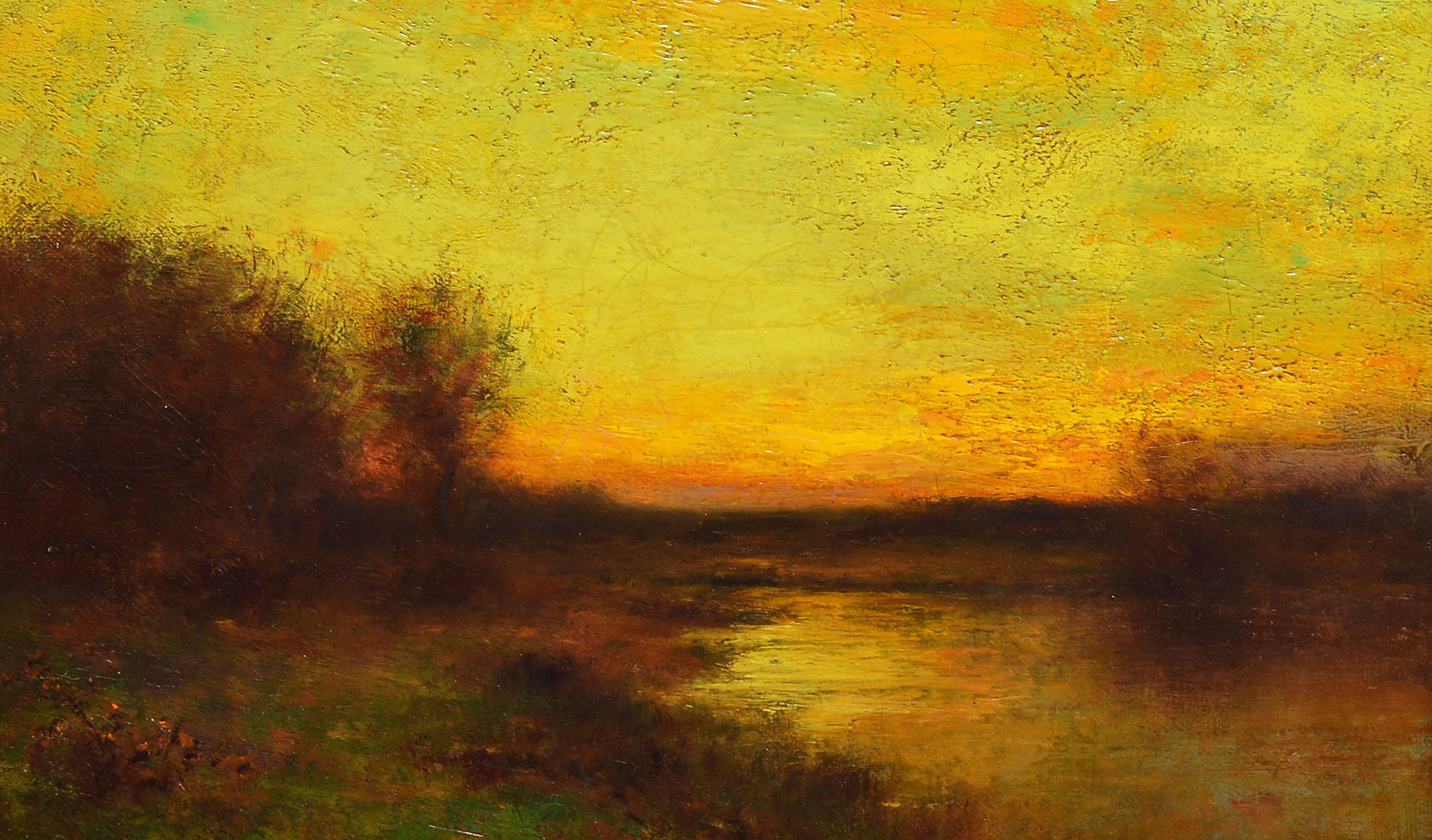 Tonalist sunset landscape by Bruce Crane (1857-1937).  Oil on canvas, circa 1890. Signed lower left, "Bruce Crane".  Displayed in a period giltwood frame.  Image size, 12"L x 9"H, overall 18.5" x 15.5".  Cleaned by Yost