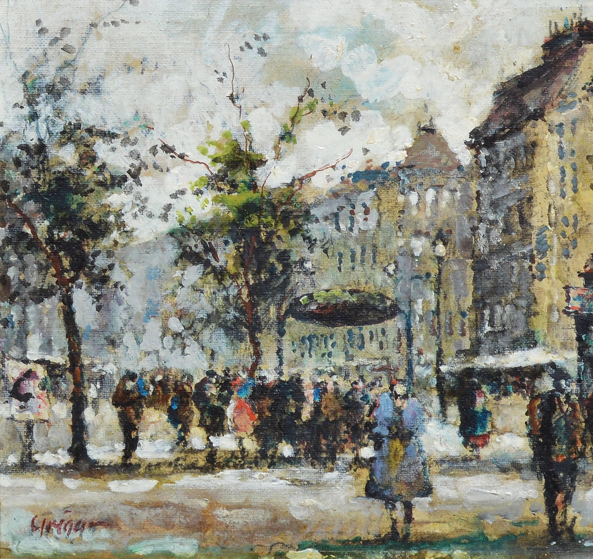 Impressionist Paris School street scene.  Oil on board, circa 1940.  Signed illegibly lower left.  Displayed in a period frame.  Image size, 10