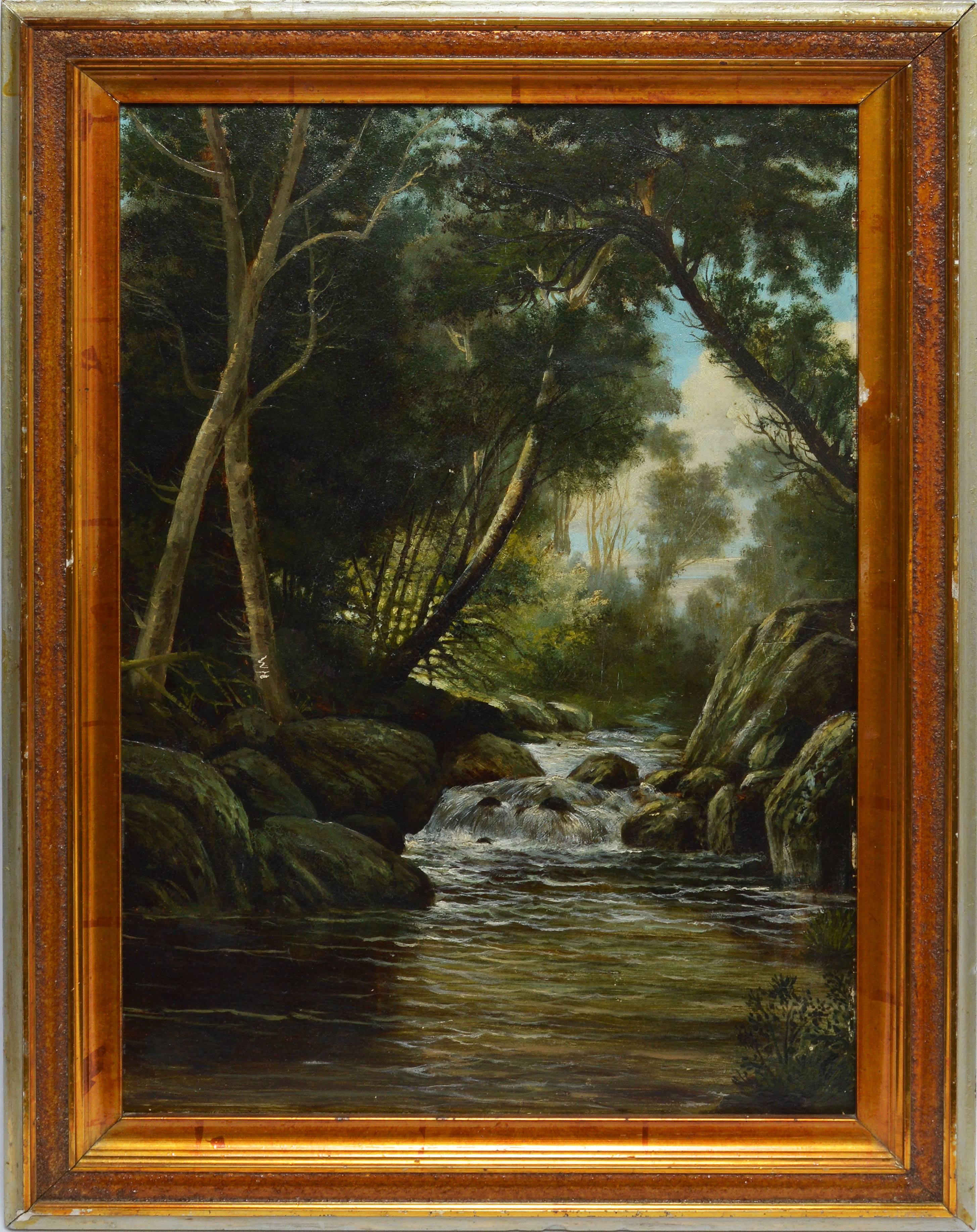 Unknown Landscape Painting - Hudson River School Forest Interior with Waterfall View 