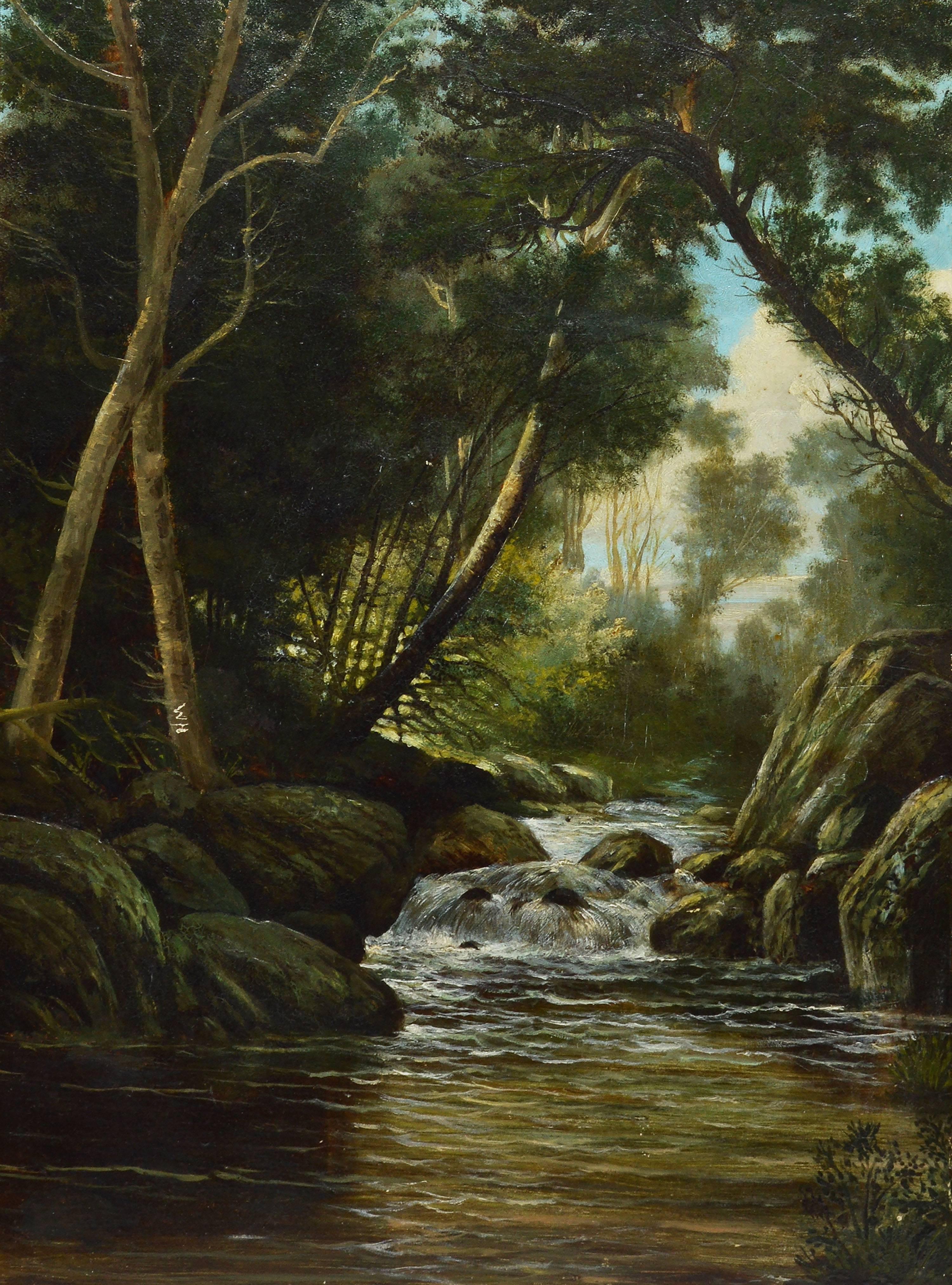 Hudson River School Forest Interior with Waterfall View  - Brown Landscape Painting by Unknown