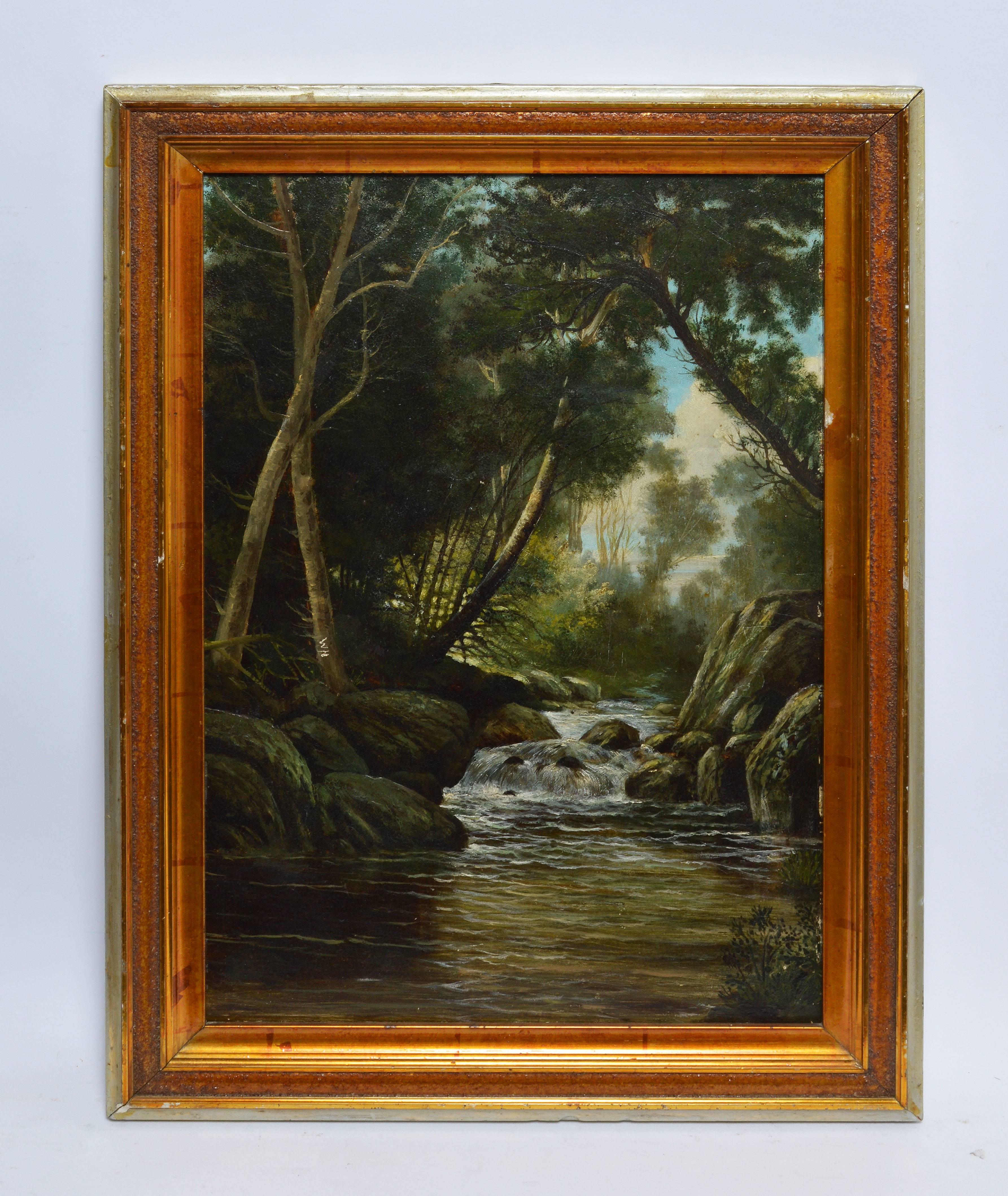 Hudson River School Forest Interior with Waterfall View  - Painting by Unknown
