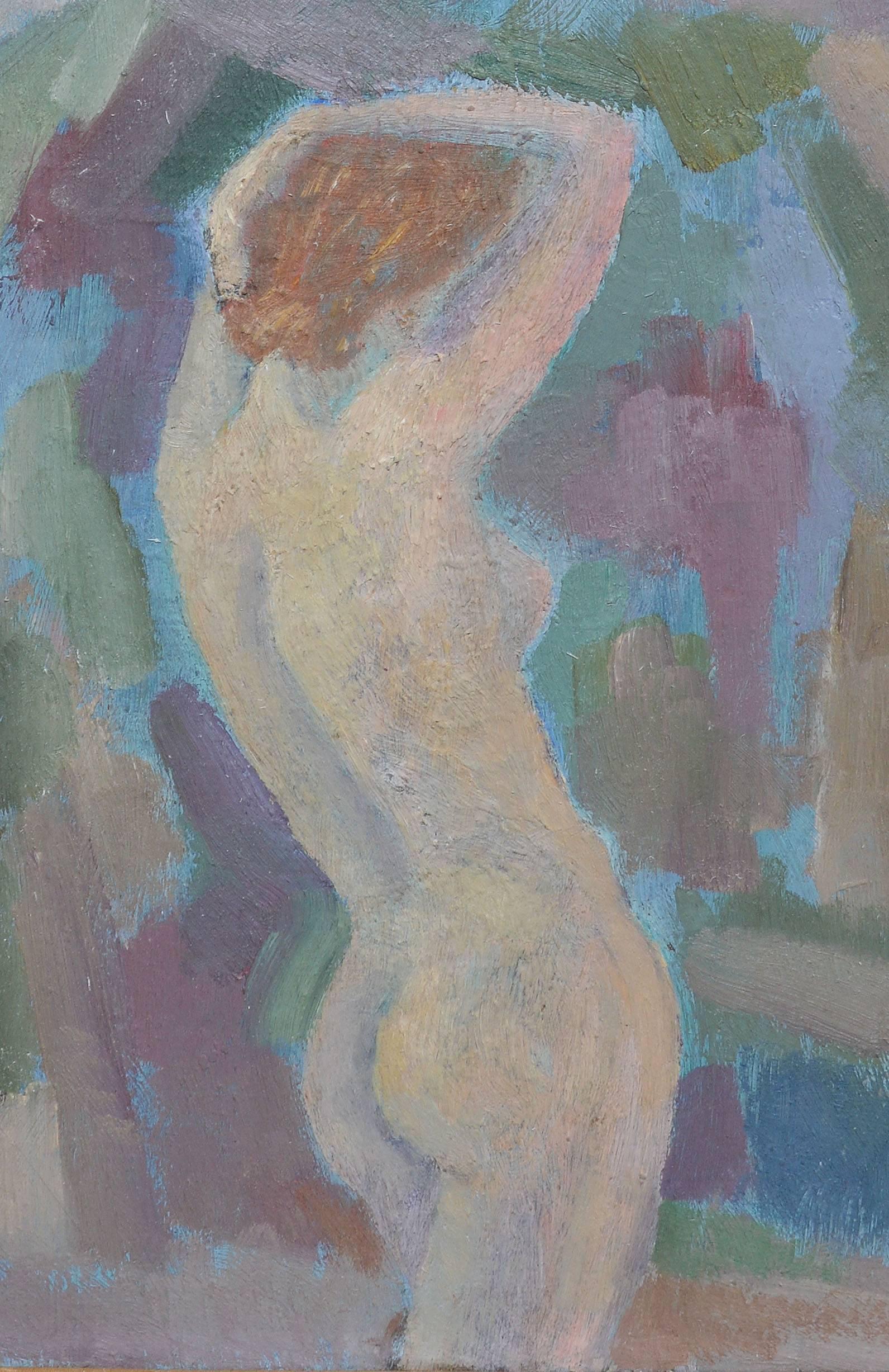 Modernist nude portrait of a woman.  Oil on board, circa 1940.  Unsigned.  Displayed in a period modernist frame.  Image size, 10