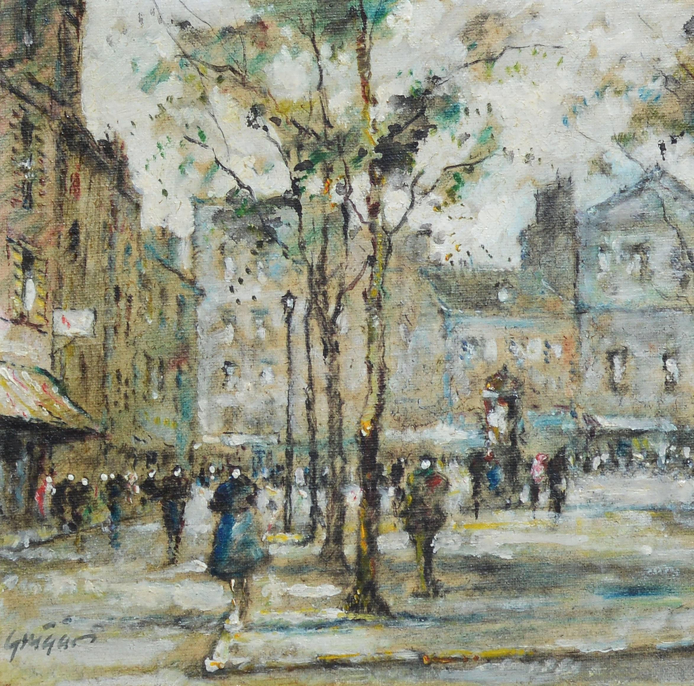 Impressionist Paris School street scene.  Oil on board, circa 1940.  Signed illegibly lower left.  Displayed in a period frame.  Image size, 10"L x 8"H, overall 17"L x 15"H.