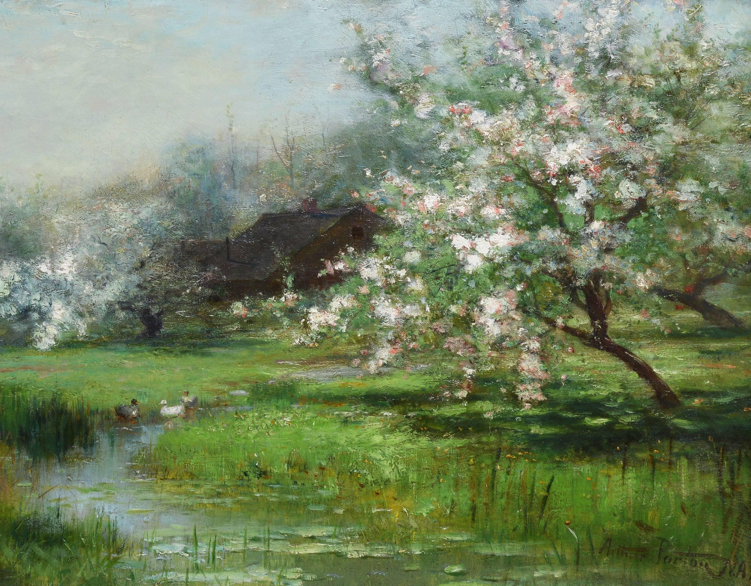Impressionist cherry blossom landscape with waterlilies and ducks by Arthur Parton.  Oil on canvas, circa 1890.  Signed lower right, "Arthur Parton".  Displayed in a giltwood frame.  Image size, 21"L x 17"H, overall 24"L x