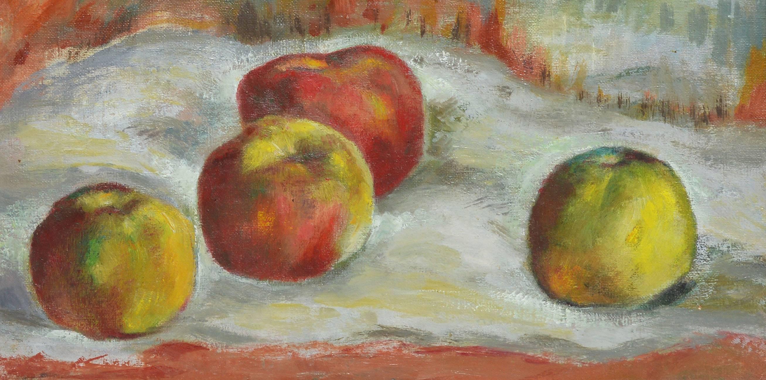 Modernist apple still life painting.  Oil on board, circa 1940.  Unsigned.  Displayed in a period modernist frame.  Image size, 14"L x 11"H, overall 19"L x 16"H.
