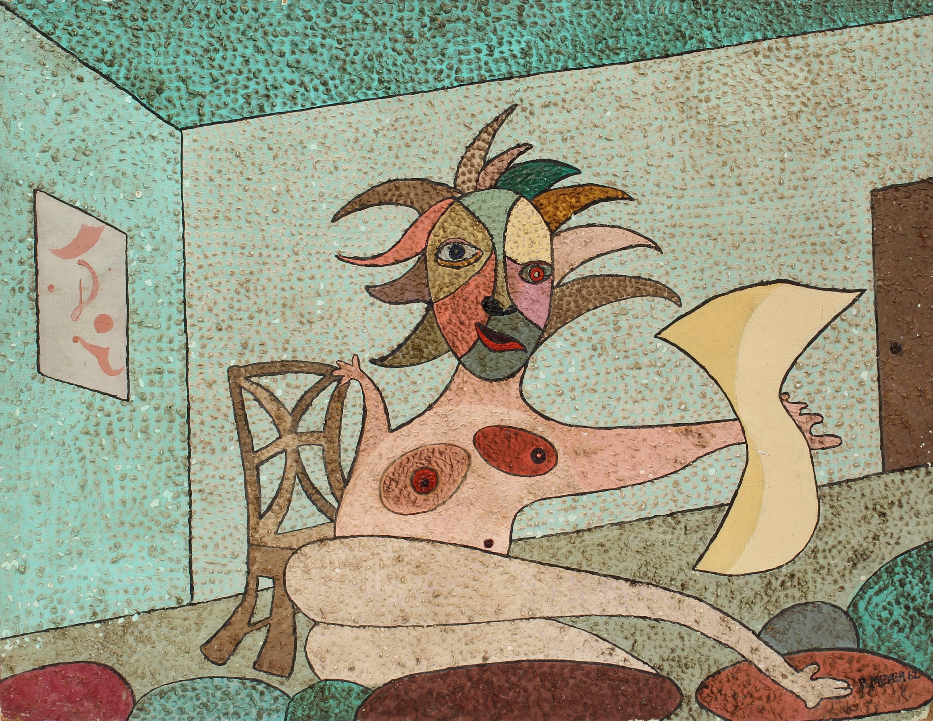 Nude Painting Unknown - Peinture à l'huile cubiste inconnue d'un nu, 1962