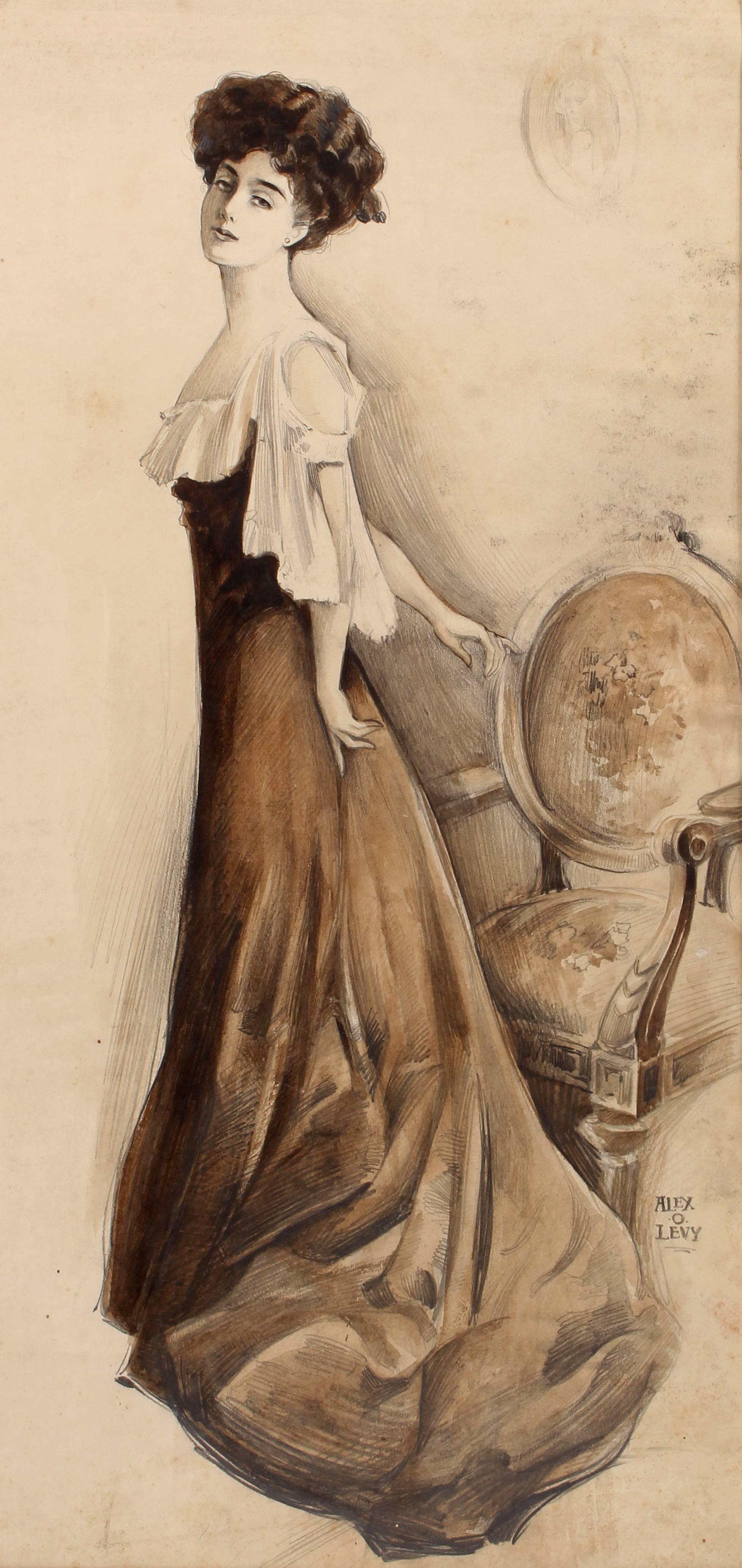 Alexander Oscar Levy Figurative Art - Woman posed with velvet chair