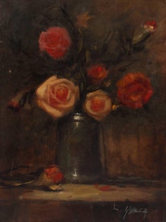 Antiguo Jarrón Americano Rosas Marco Dorado Rosa Oscuro Colores misterio firma