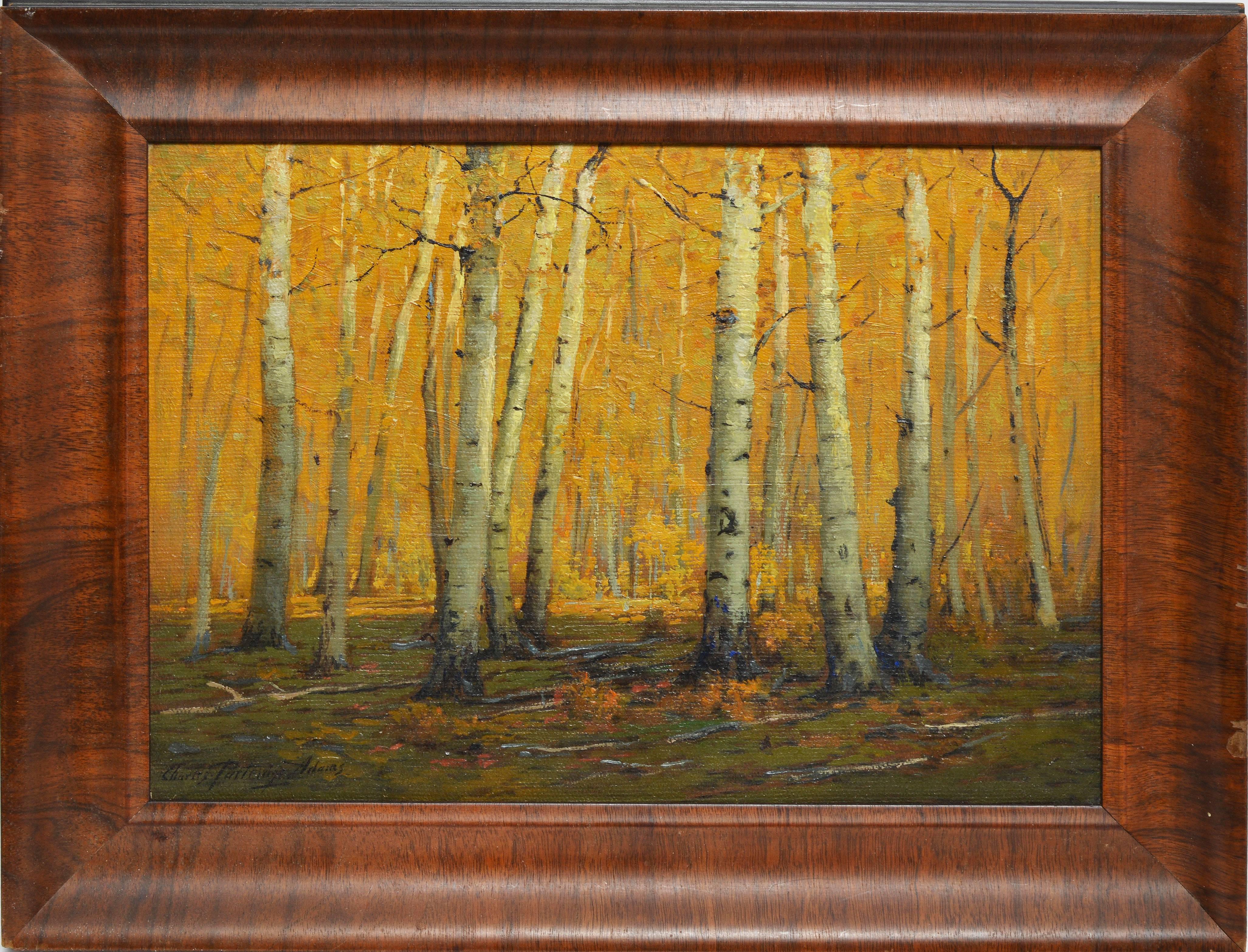 Realist landscape painting of Aspen Woods by Charles Partridge Adams (1858-1942).  Oil on canvas, circa 1910.  Signed lower left, "Charles Partridge Adams".  Displayed in a period wood frame.  Image size, 14"L x 10"H, overall 19"L x 15"H.