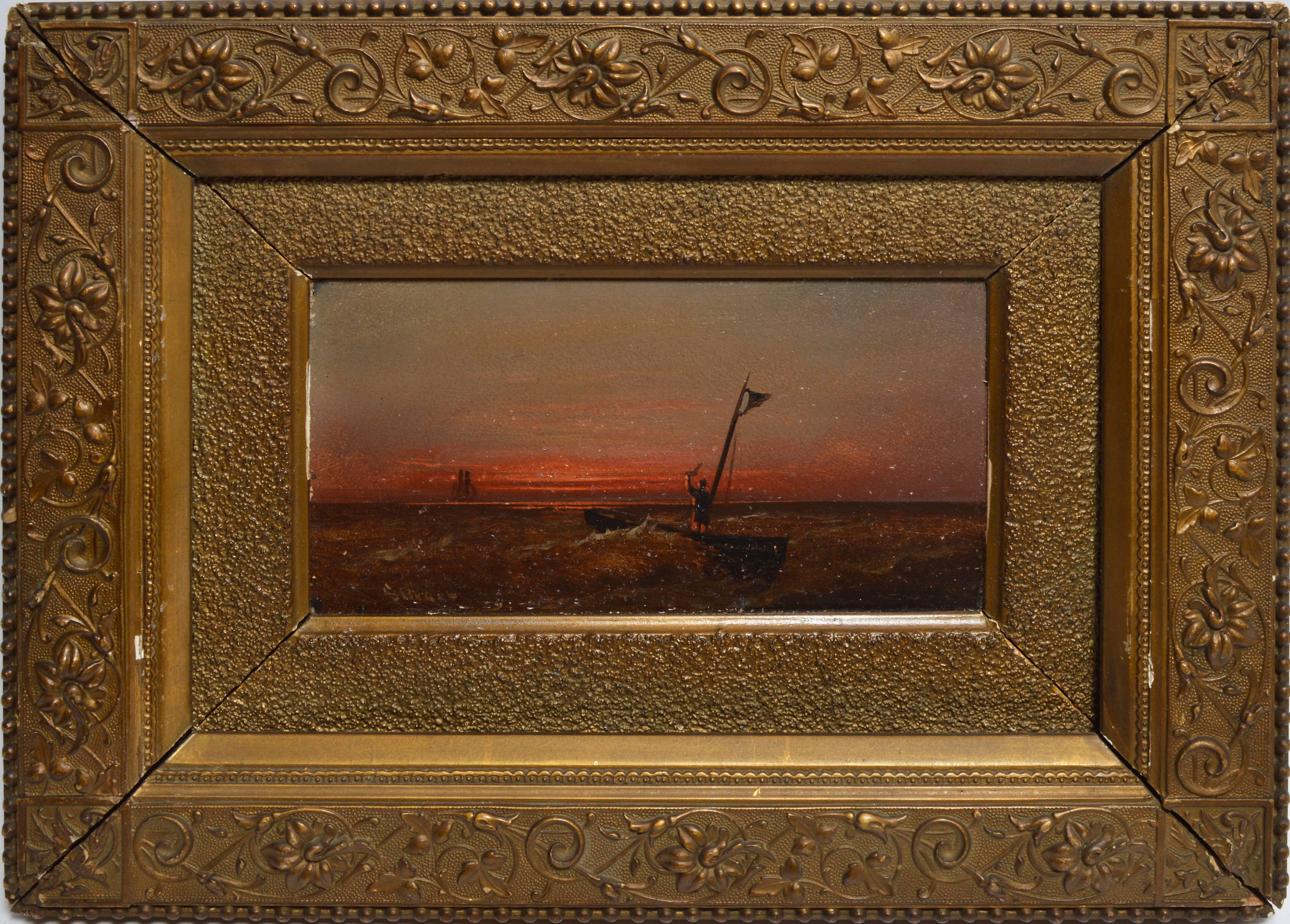 Realist seascape with a sunset by Alexander Charles Stuart (1831-1898). Oil on board, circa 1870. Signed lower right, &quot;Stuart&quot;. Displayed in a giltwood frame.   Image size, 8&quot;L x 4&quot;H, overall 14&quot;L x 10&quot;H.
