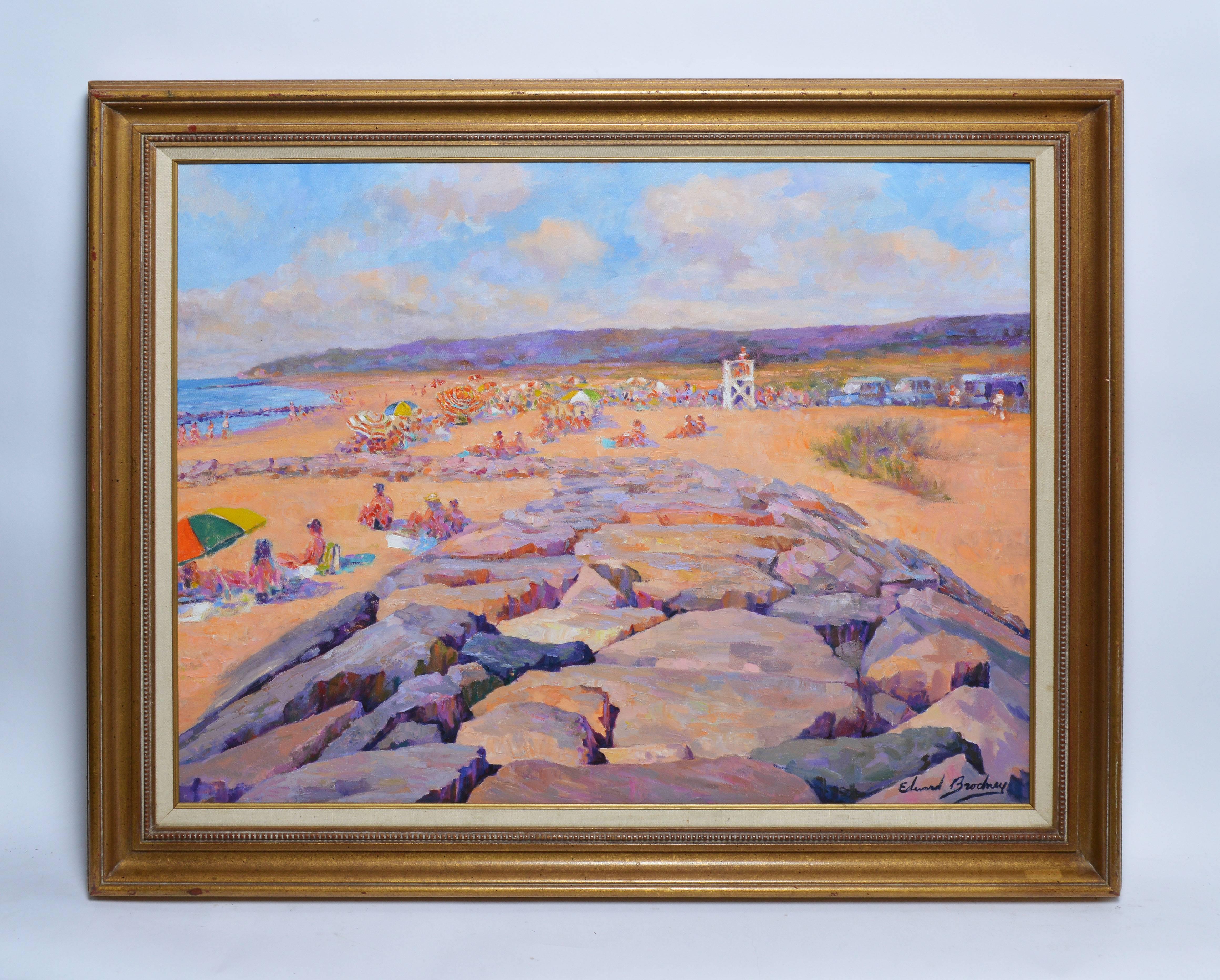 Impressionist painting of a busy summer beach by Edward Brodney (1910-2002). Oil on canvas, circa 1960. Signed lower right, "Edward Brodney". Displayed in a giltwood frame.  Image size, 30"L x 24"H, overall 36"L x 30"H
