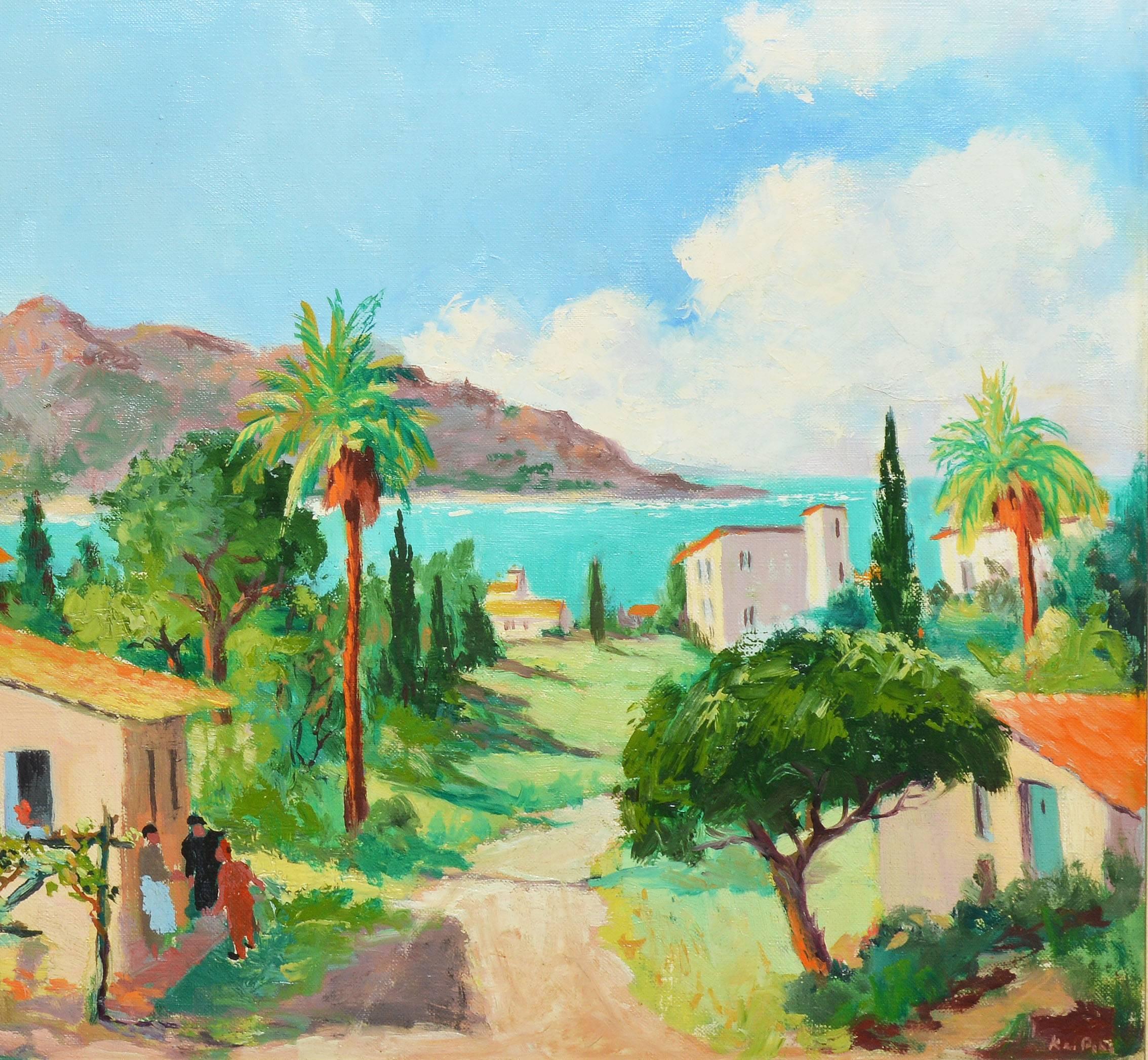 Impressionist painting of a mediterranean beach view.  Oil on canvas, circa 1940.  Signed illegibly lower right.  Displayed in a giltwood frame.  Image size, 20"L x 16"H, overall 26"L x 22"H.