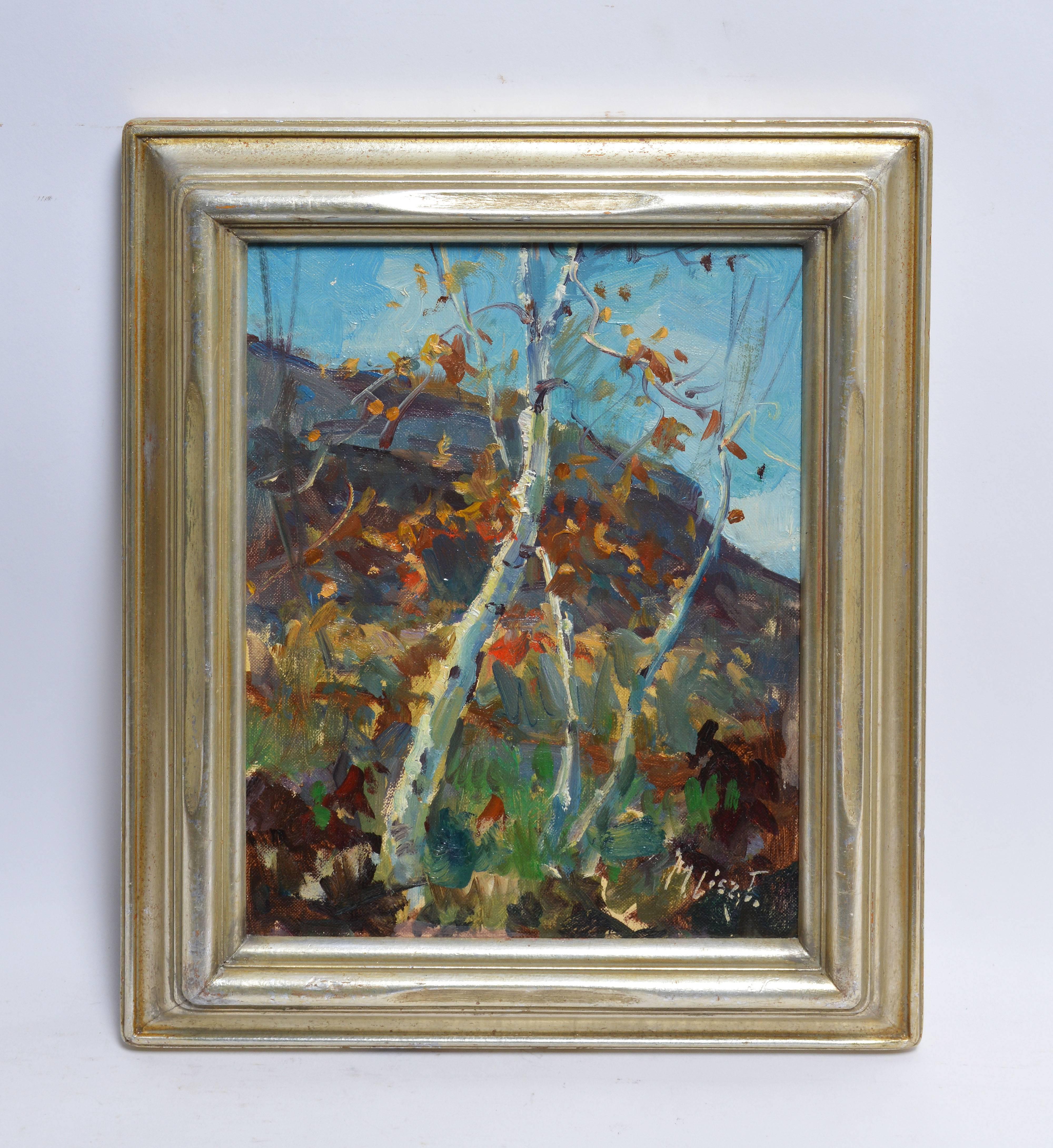 Impressionist landscape painting with a birch tree by Maria Liszt (1902-1992). Oil on board, circa 1950. Signed lower right, 