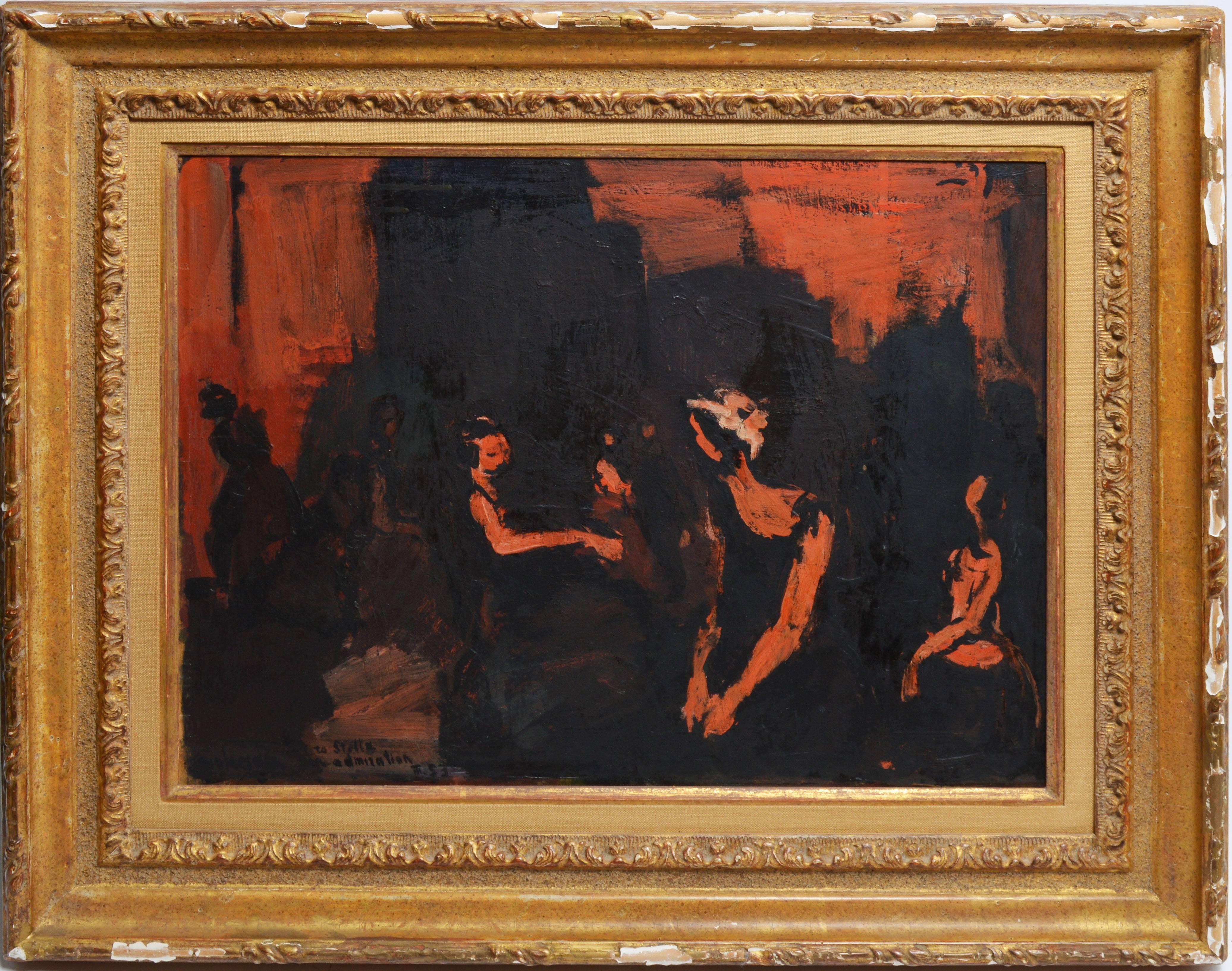 Modernist-style painting of dancers by Moshe Mokady (1902-1975). Oil on board, circa 1950. Signed lower left, &quot;Mokady&quot;. Displayed in a period frame. Image size, 18&quot;L x 14&quot;H, overall 25&quot;L x 21&quot;H
