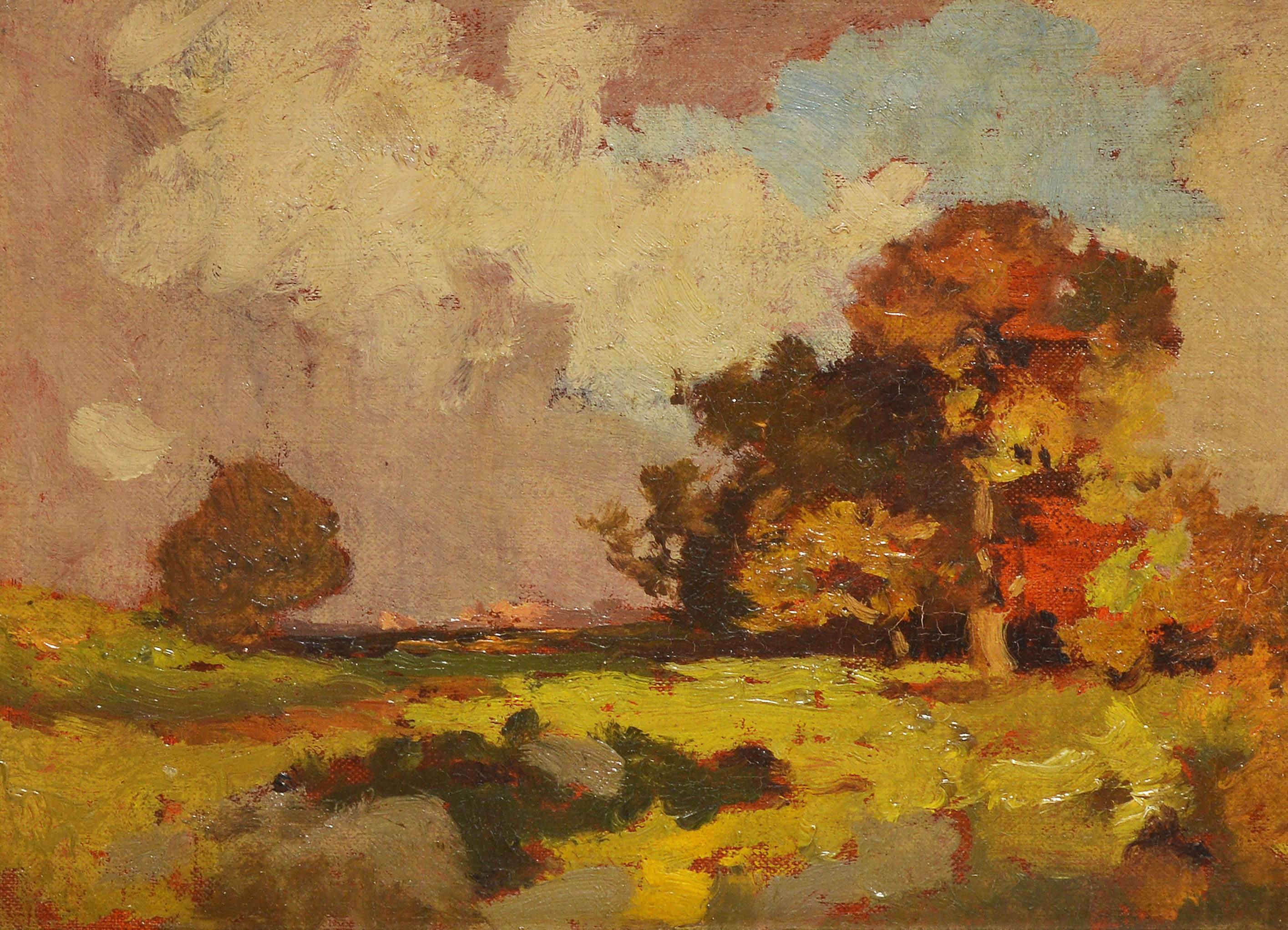 Antique American School Fall Landscape Oil Painting 1