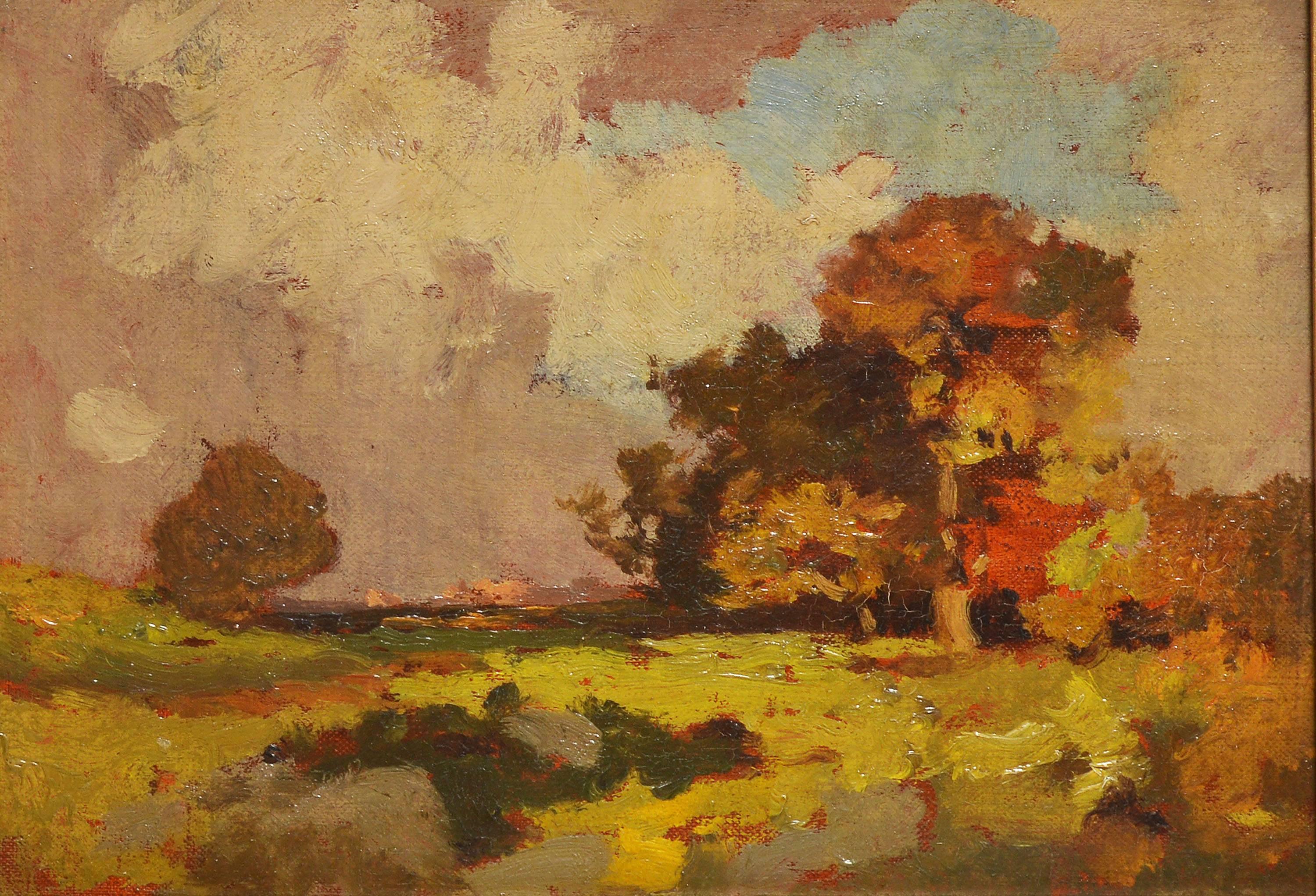 Tonalist painting of a sunset landscape. Oil on board, circa 1900. Unsigned. Displayed in a period giltwood frame.  Image size, 8.5