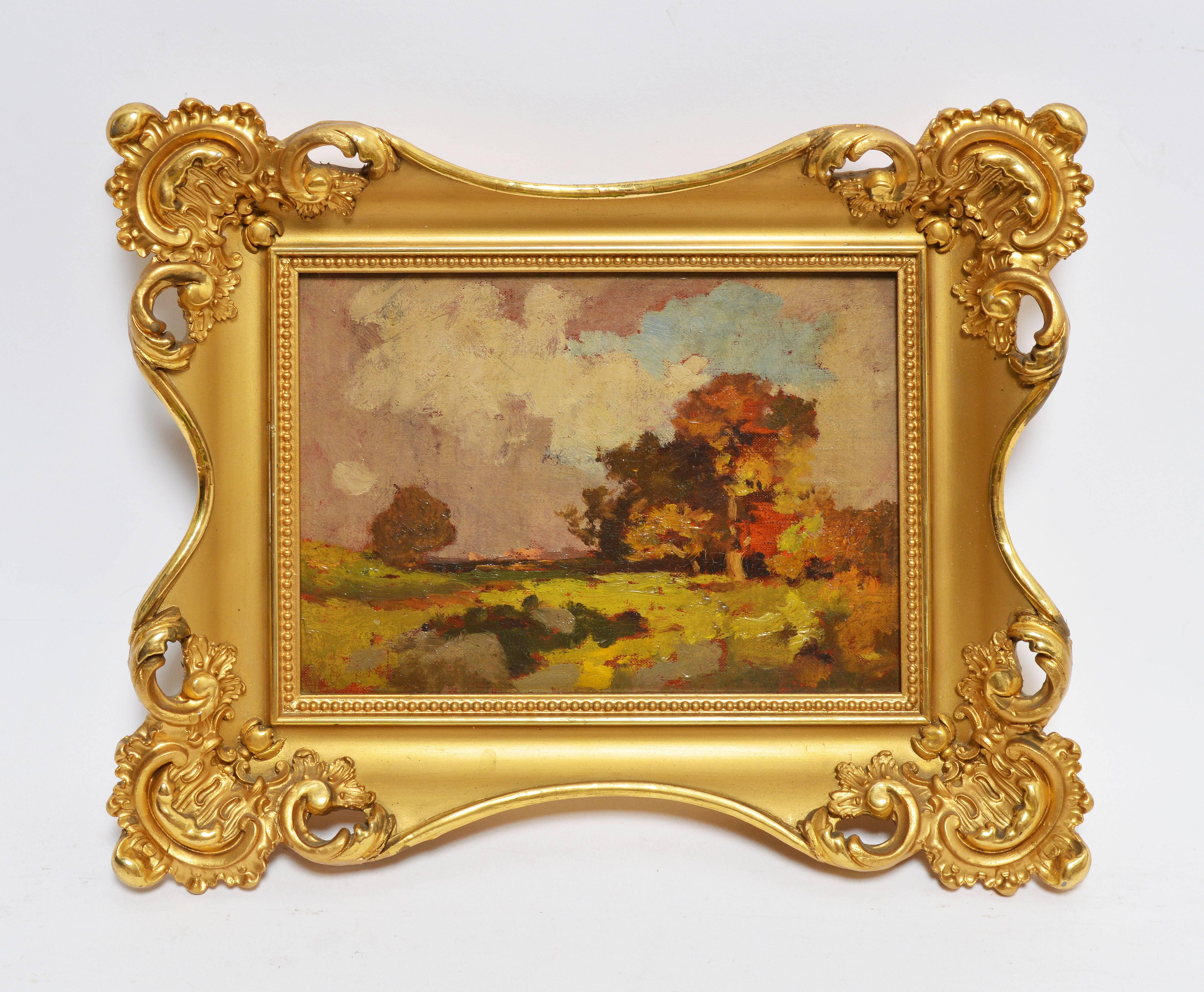 Antique American School Fall Landscape Oil Painting - Brown Landscape Painting by Unknown