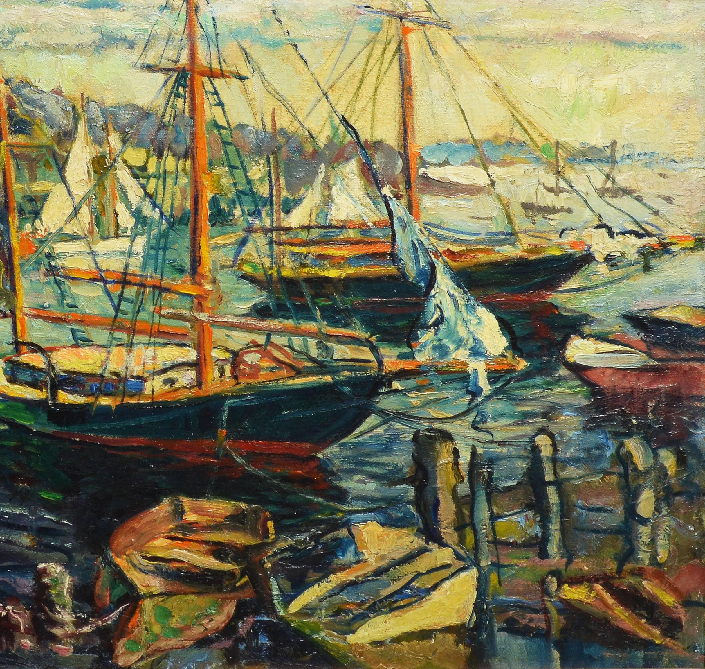 Impressionist seascape painting of busy New England harbor. Oil on canvas, circa 1930. Signed lower "M. Peterson". Displayed in a giltwood frame.  Image size, 35"L x 31"H, overall 24"L x 20"H.
