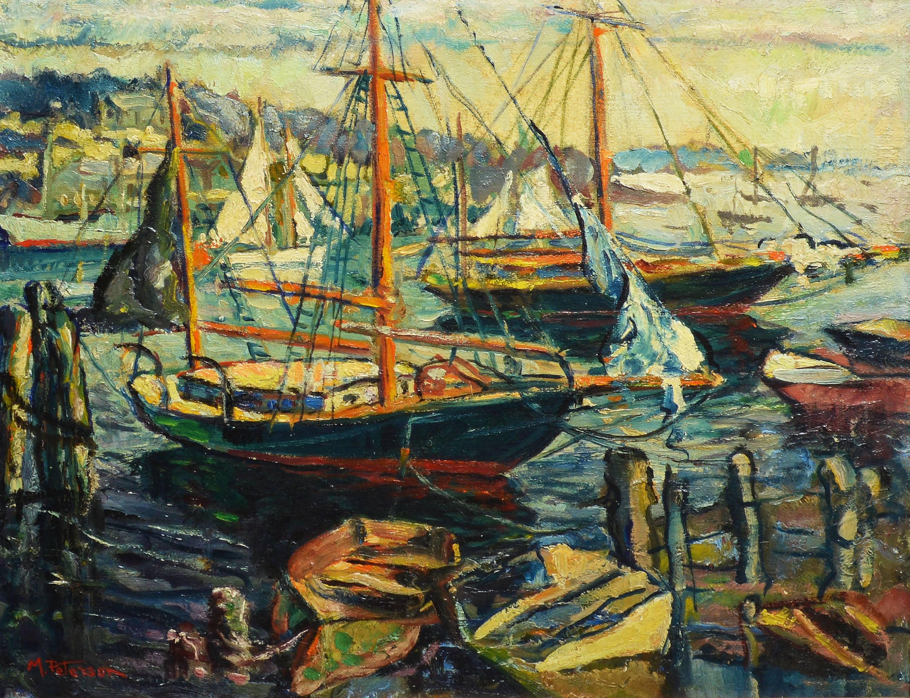 Bustling New England Harbor View - Impressionist Painting by Unknown