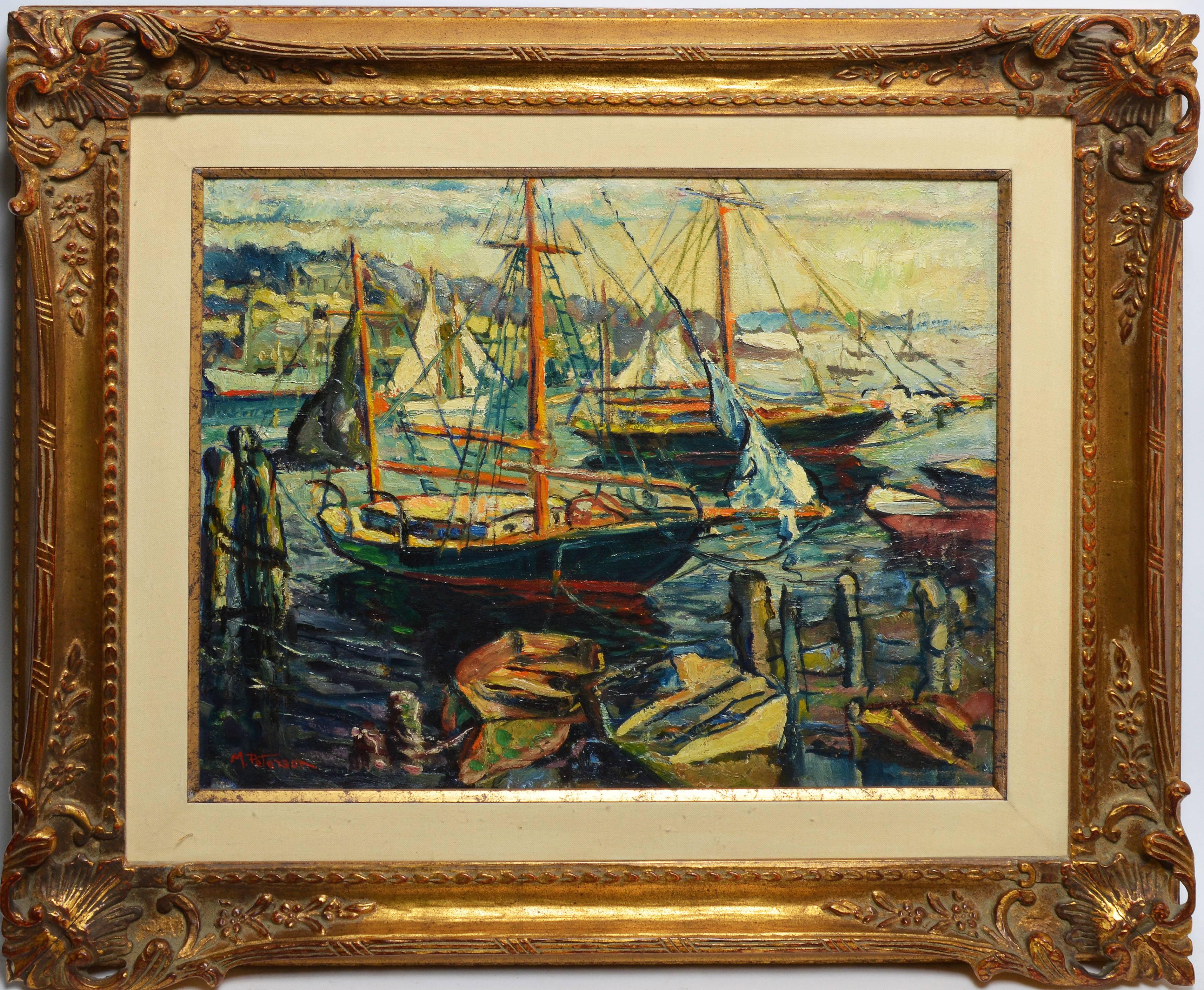 Unknown Landscape Painting - Bustling New England Harbor View