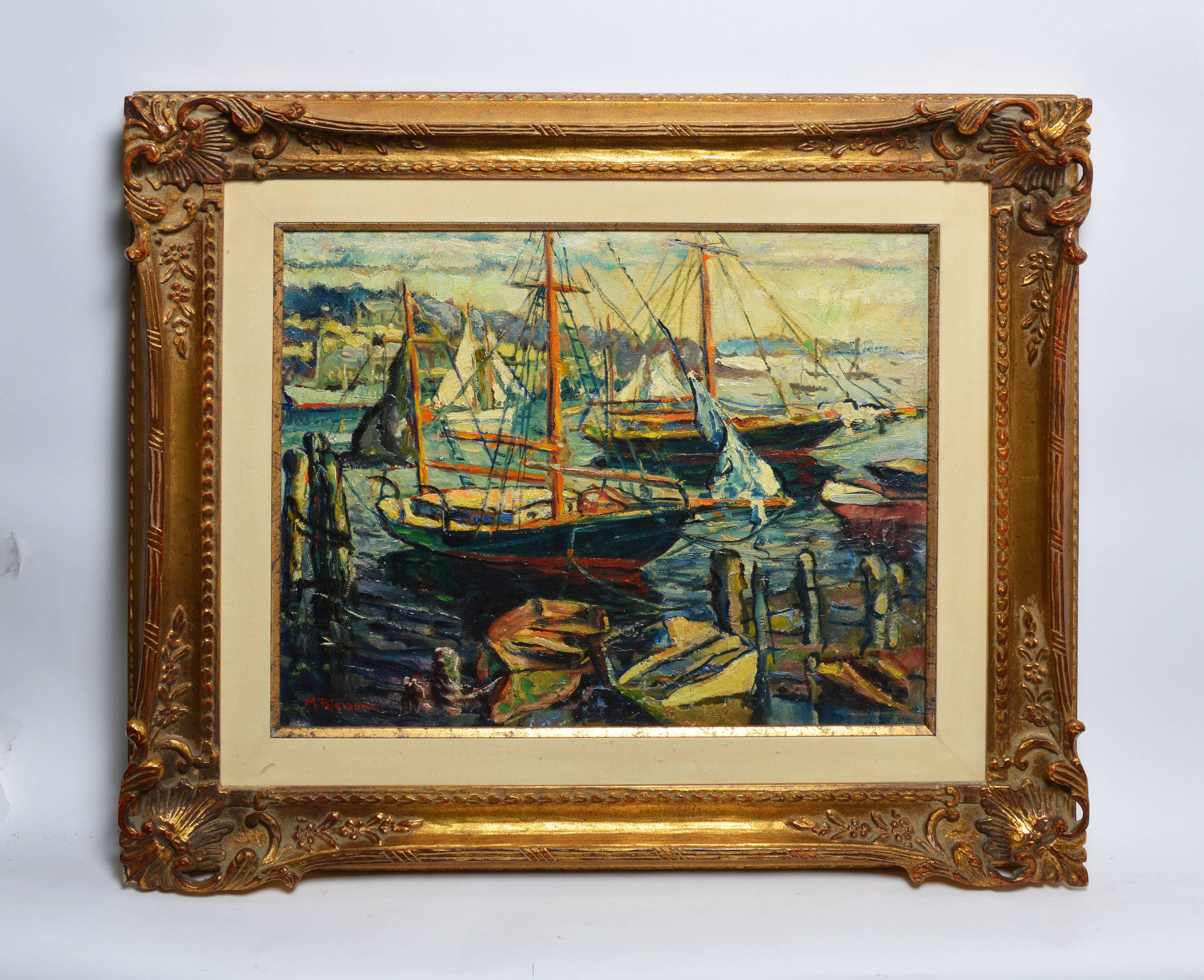 Bustling New England Harbor View - Painting by Unknown