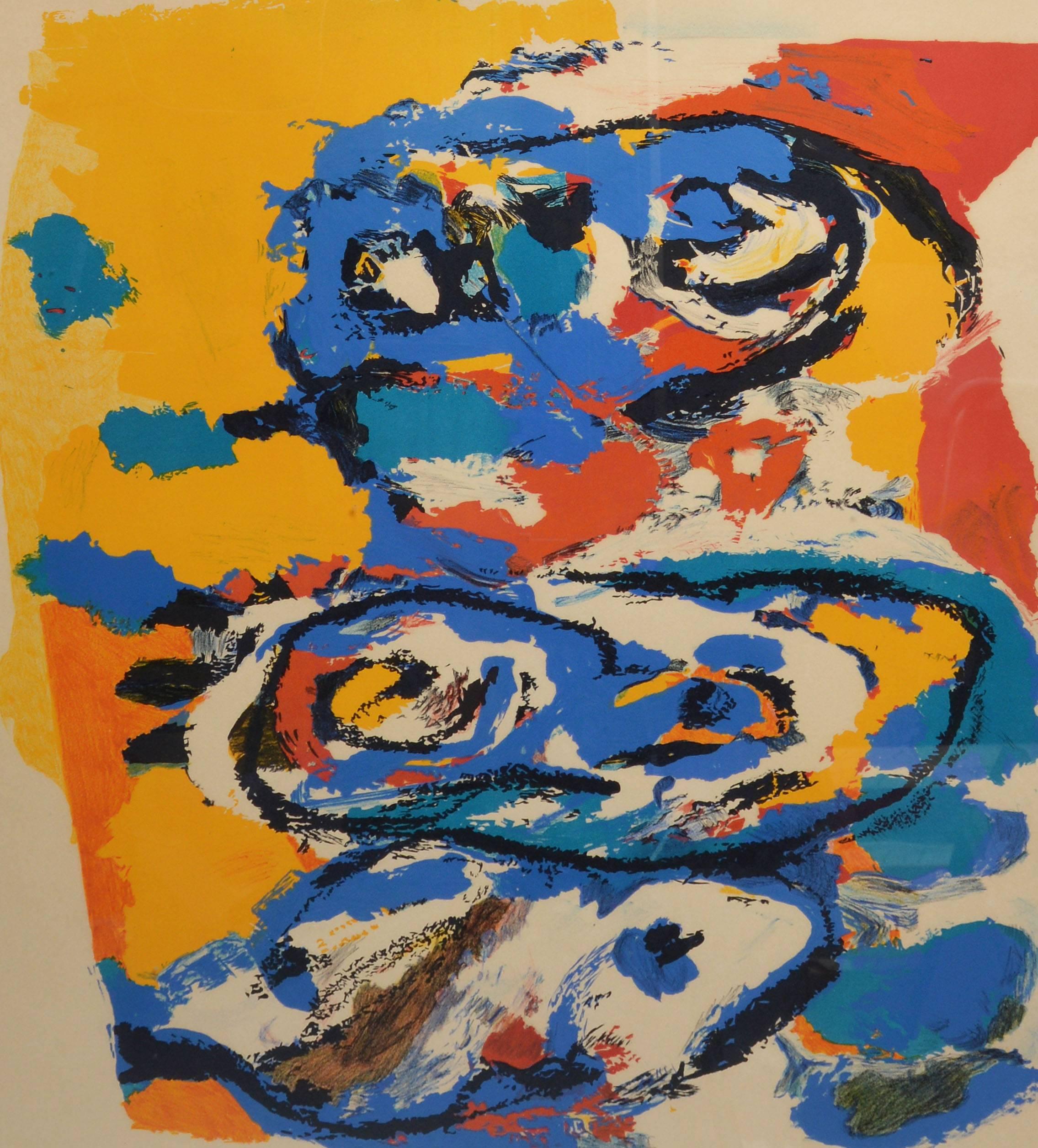 Abstract composition by Karel Appel.  Original lithograph on paper, circa 1965.  From a limited edition of 200 works.  Signed lower left, 