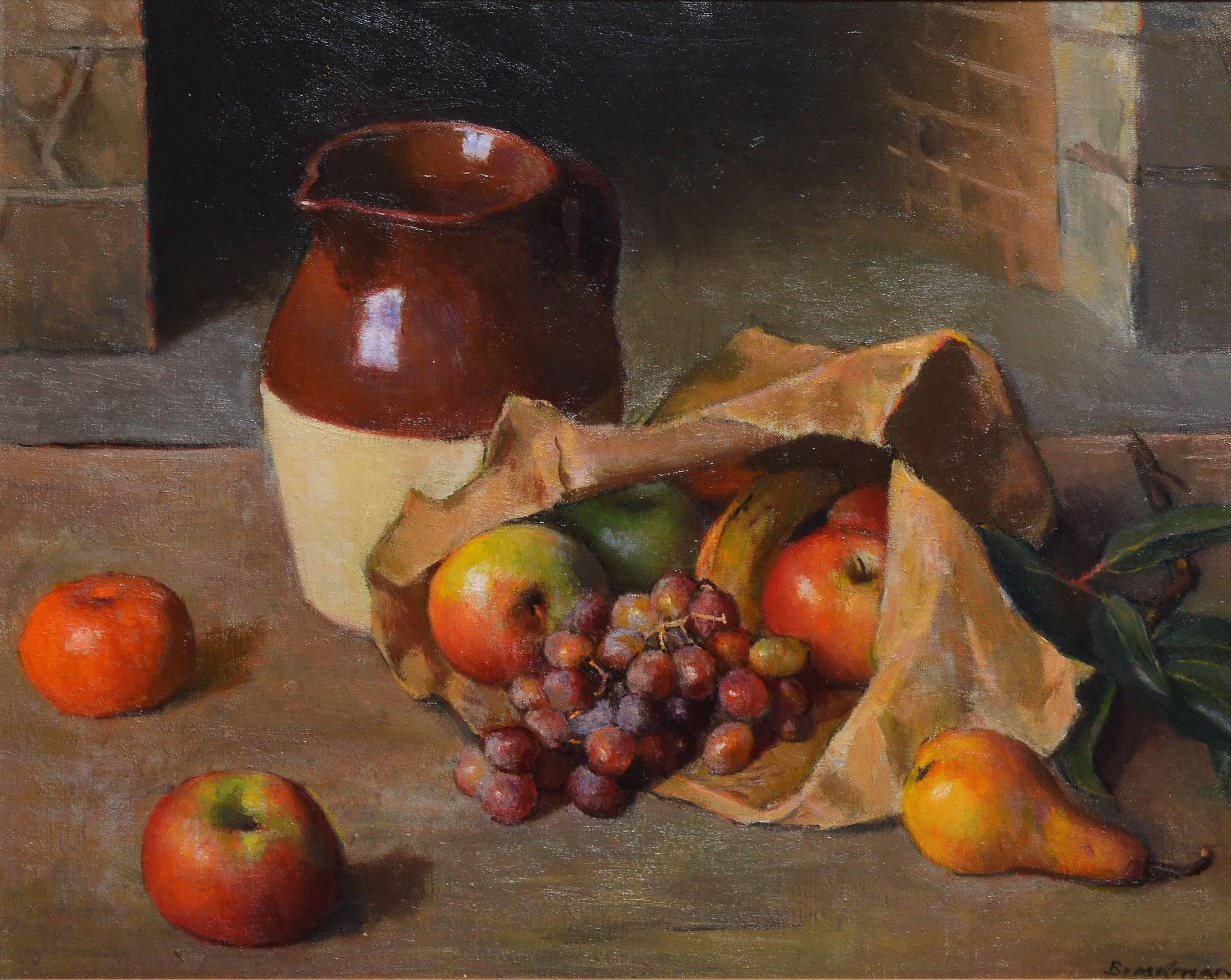 Realist fruit still life painting by Robert Brackman (1898-1980).  Oil on canvas, circa 1940.  Signed lower right, "Brackman".  Displayed in a giltwood impressionist frame.  Image size, 22"L x 18"H, overall 30"L x 26"H.