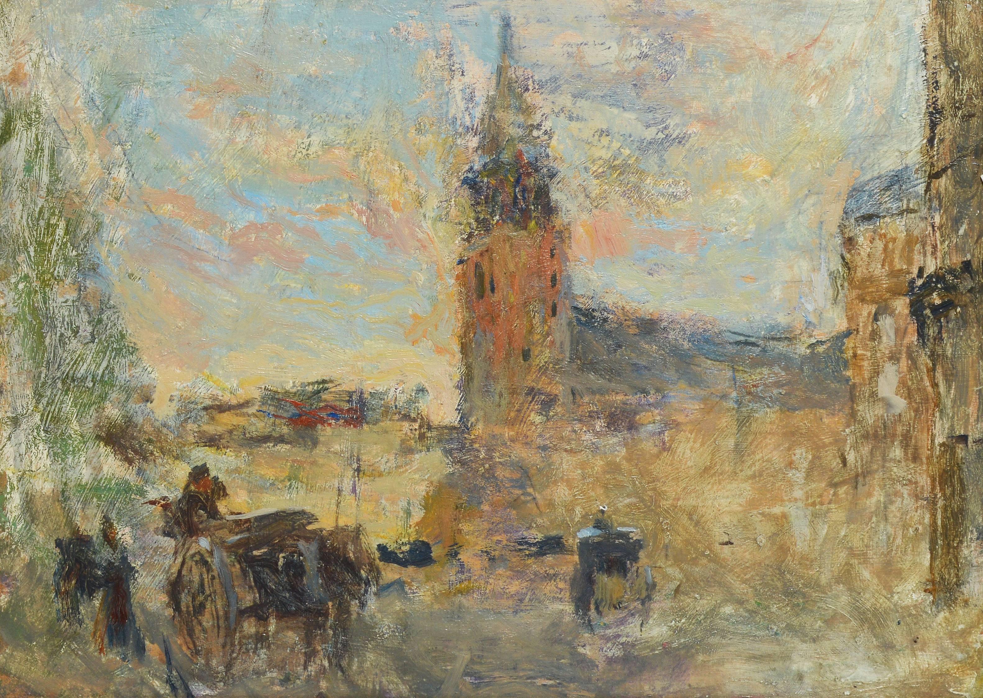 Impressionist cityscape of Paris by Frank Edwin Scott (1863-1929).  Oil on board, circa 1910.  Signed lower left, "Edwin Scott".  Displayed in an impressionist frame.  Image size, 14"L x 10.5"H, overall 17"L x 14"H.