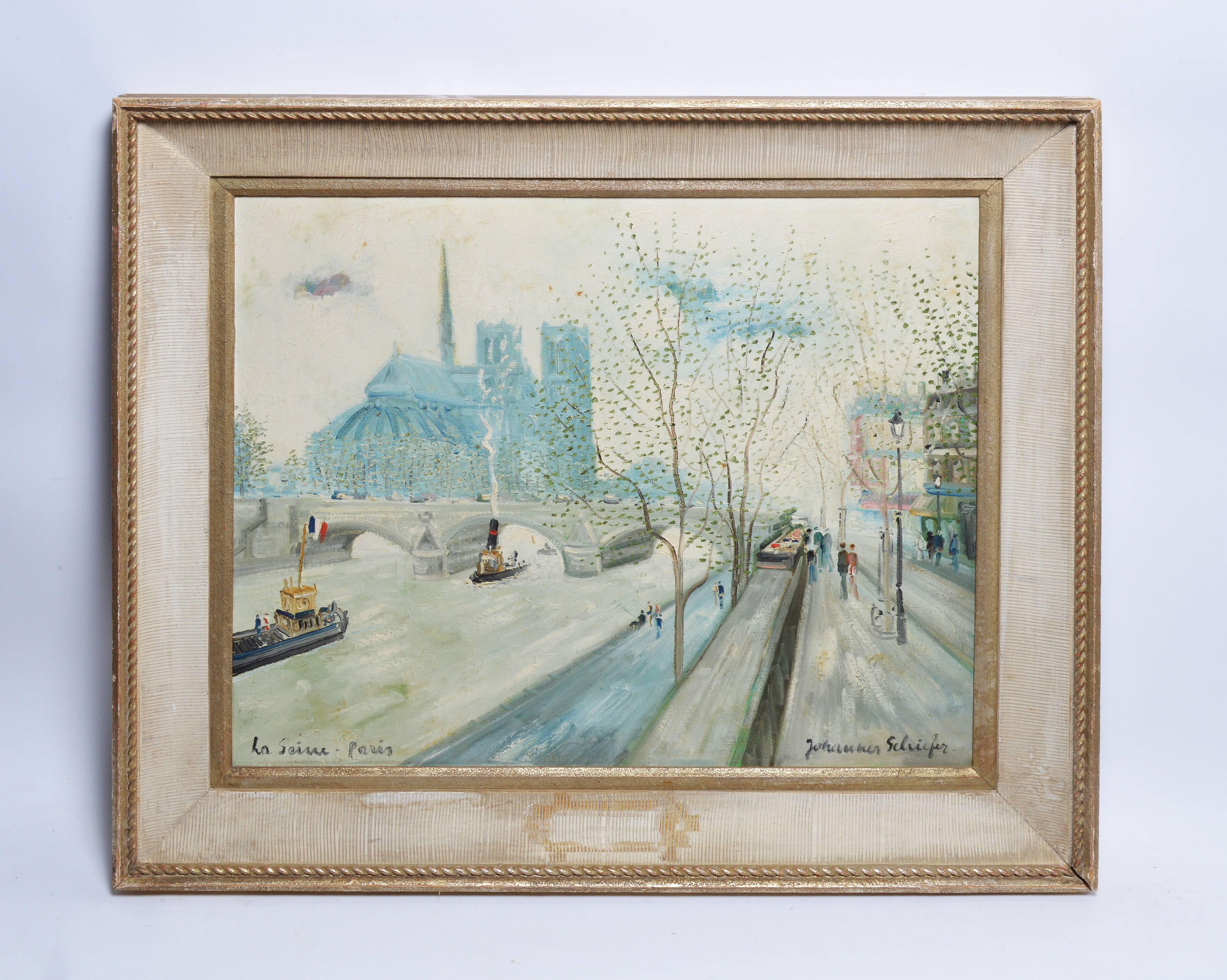 Impressionist view of Paris, France by Johannes Schiefer (1896-1979).  Oil on canvas, circa 1920.  Signed lower right, 