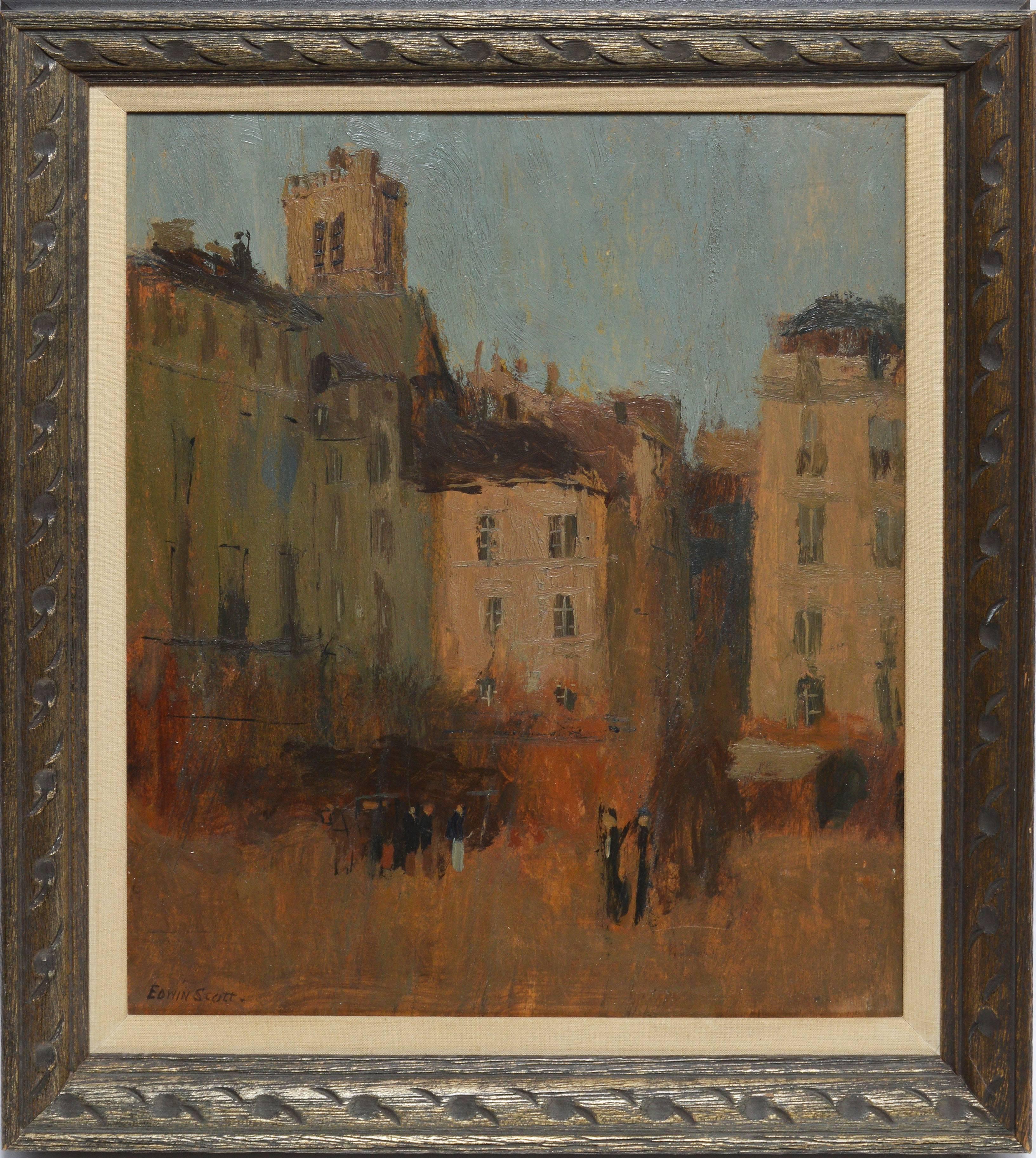 Impressionist cityscape of Paris by Frank Edwin Scott (1863-1929).  Oil on board, circa 1910.  Signed lower left, &quot;Edwin Scott&quot;.  Displayed in an impressionist frame.  Image size, 13&quot;L x 15.5&quot;H, overall 16&quot;L x 19&quot;H.