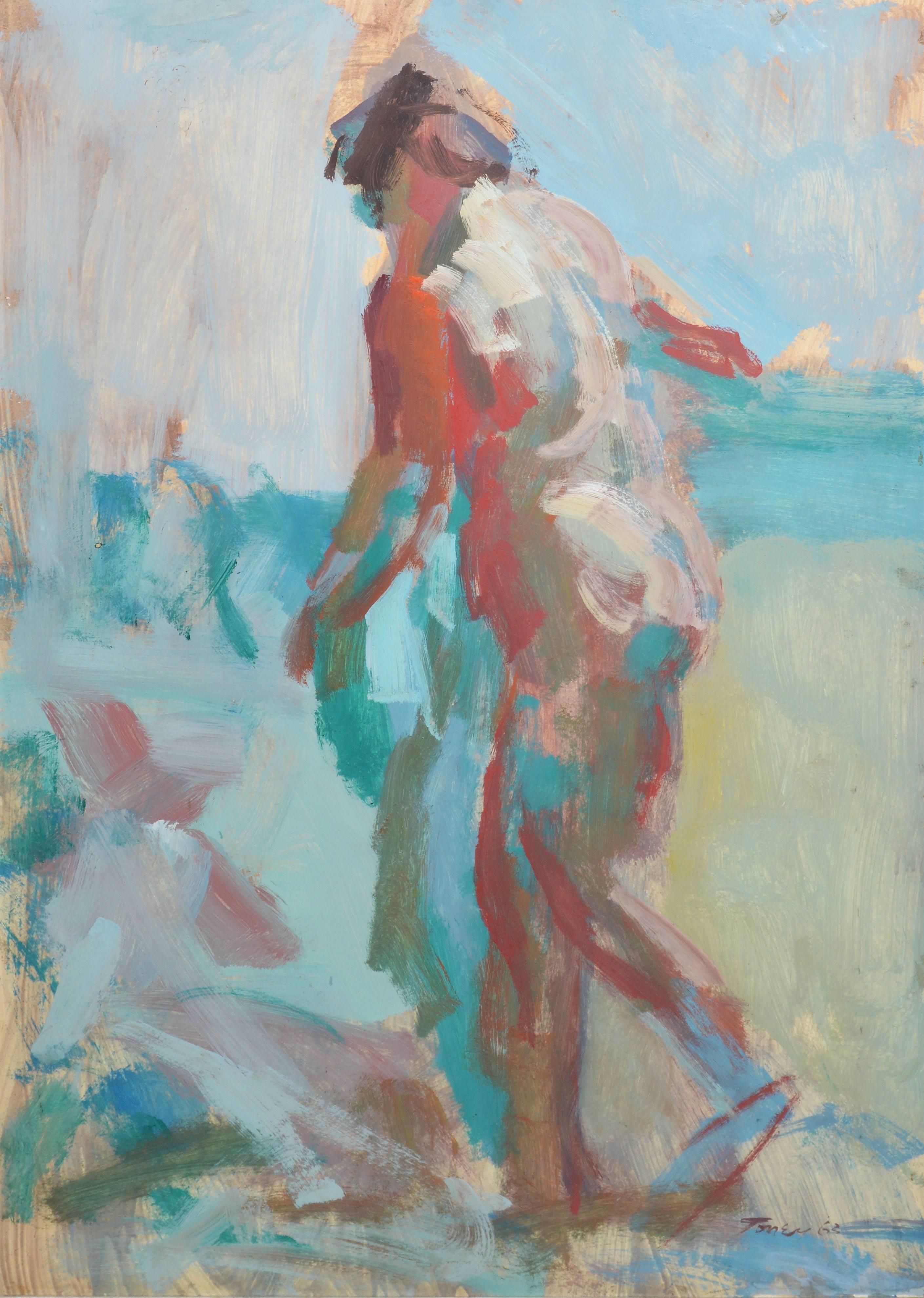 Modernist beach view with a figure.  Oil in board, circa 1963.  Signed illegibly lower right.  Displayed in a wood frame with a linen liner.  Image size, 22"L x 35"H, overall 27"L x 39"H.