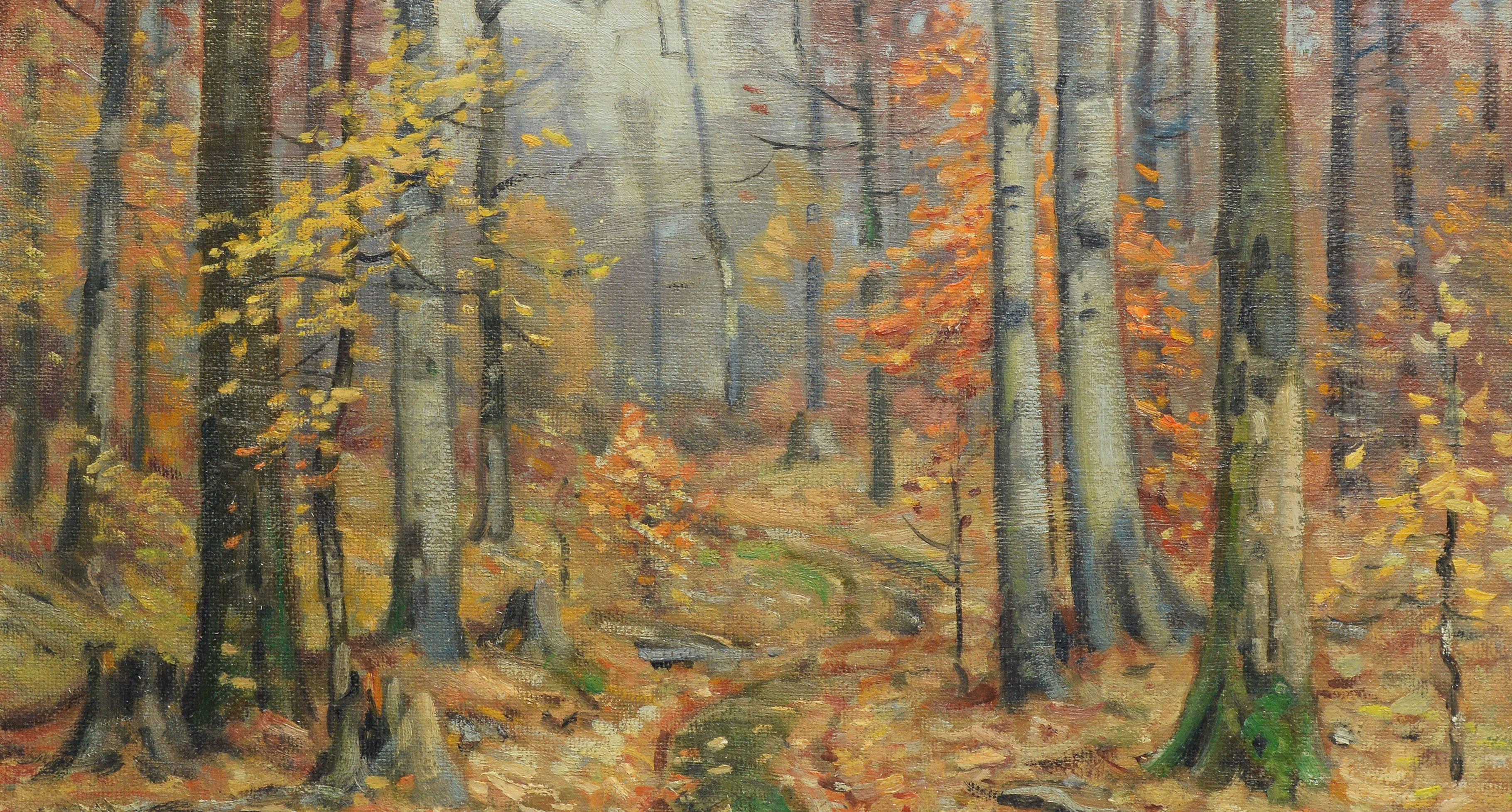 Impressionist Fall landscape painting by Frank Barney  (1862-1954).  Oil on board, circa 1930.  Signed lower left, 