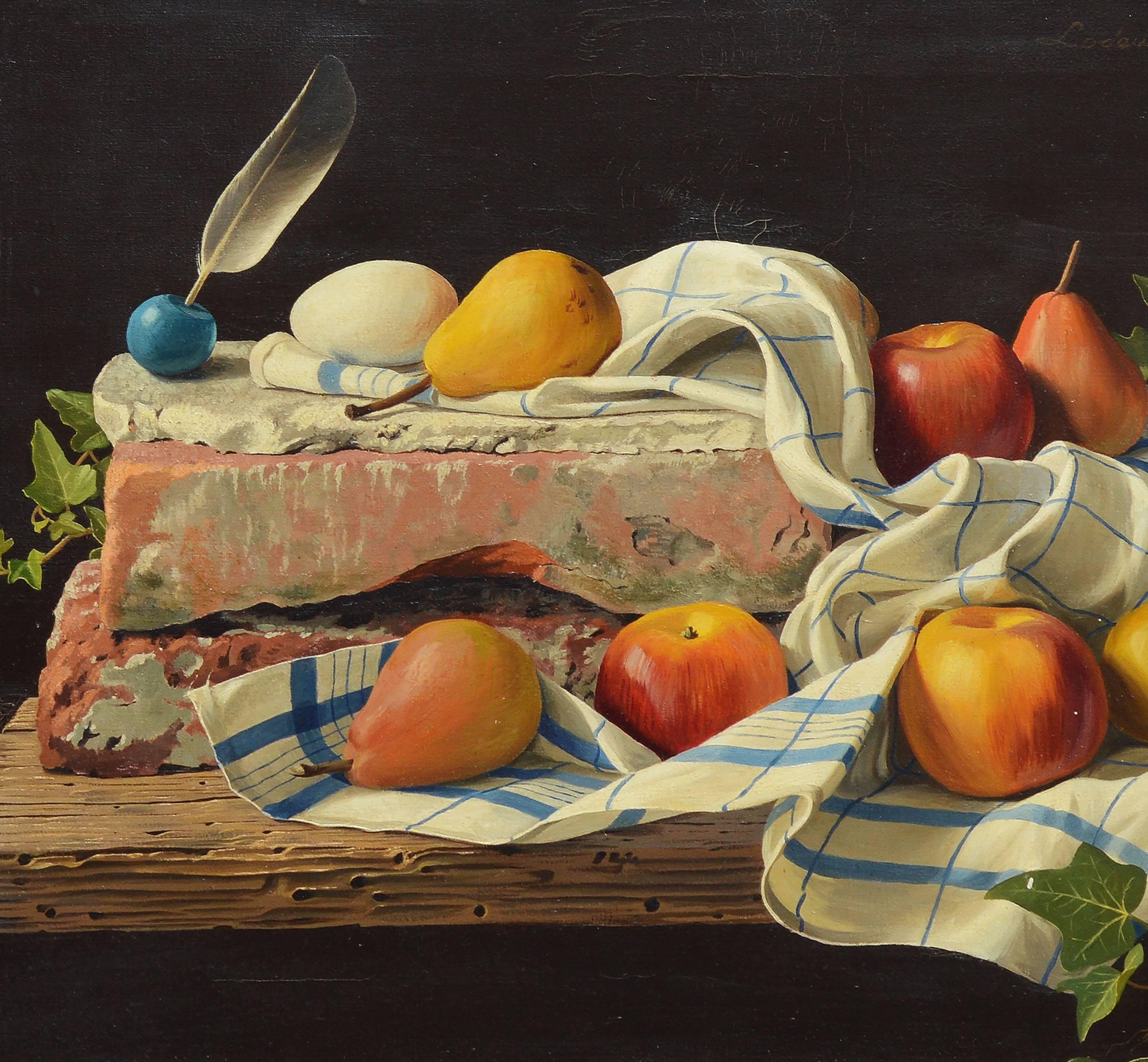Trompe L'oeil fruit still life painting by Lodewijk Bruckman (1913-1980).  Oil on canvas, circa 1958.  Displayed in a modernist wood frame.  Image size, 20