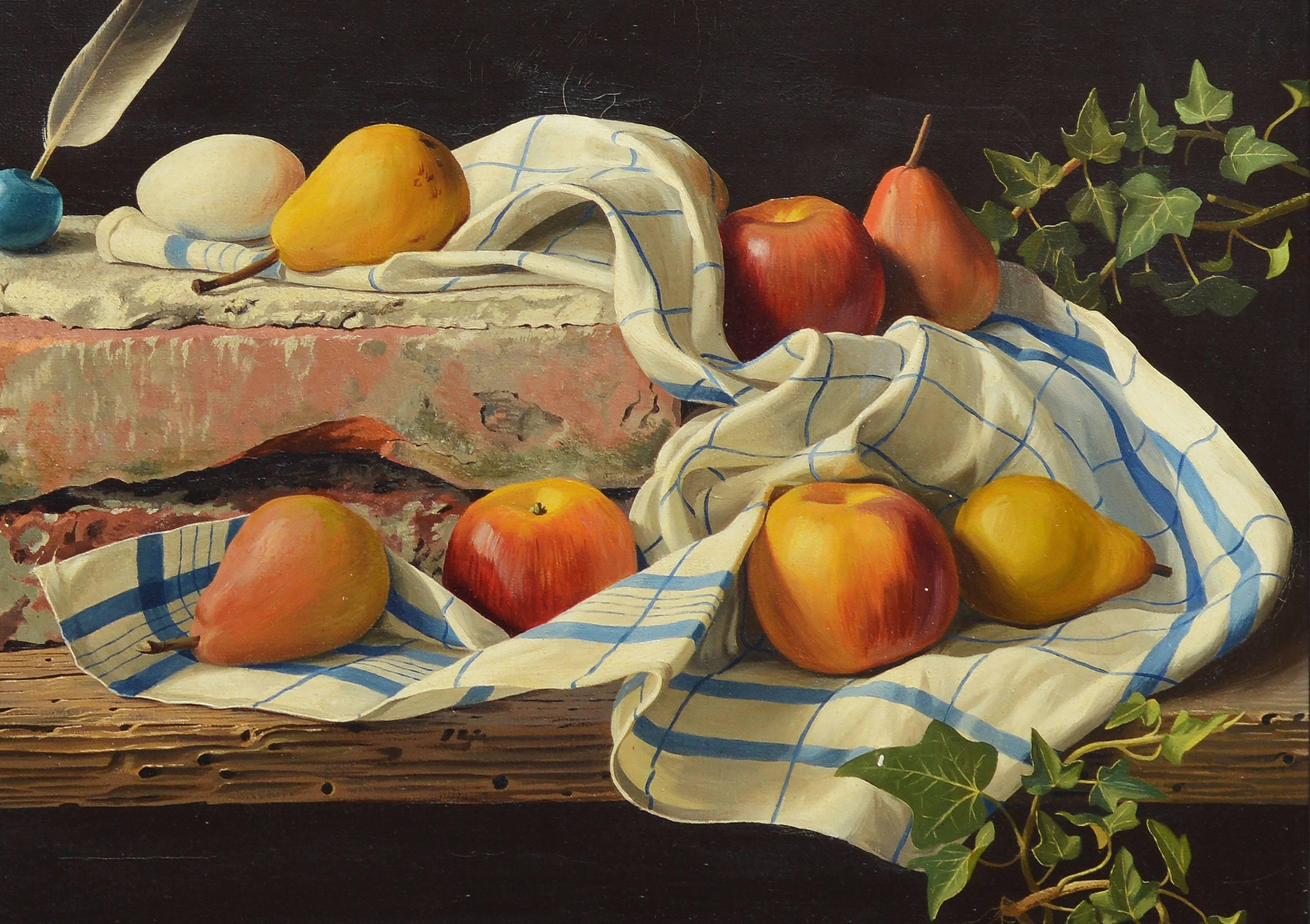 Trompe L'Oeil Fruit Still Life by Lodewijk Bruckman - Black Still-Life Painting by Lodewyk Bruckman
