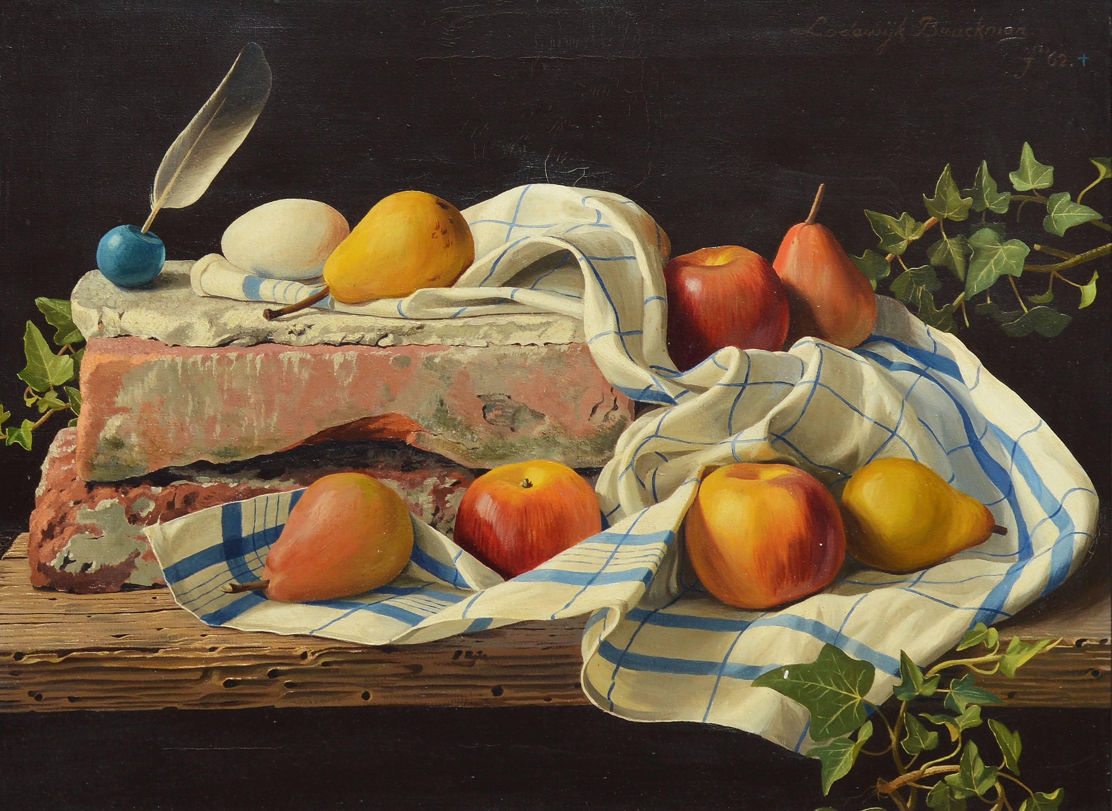 Trompe L'Oeil Fruit Still Life by Lodewijk Bruckman - Realist Painting by Lodewyk Bruckman